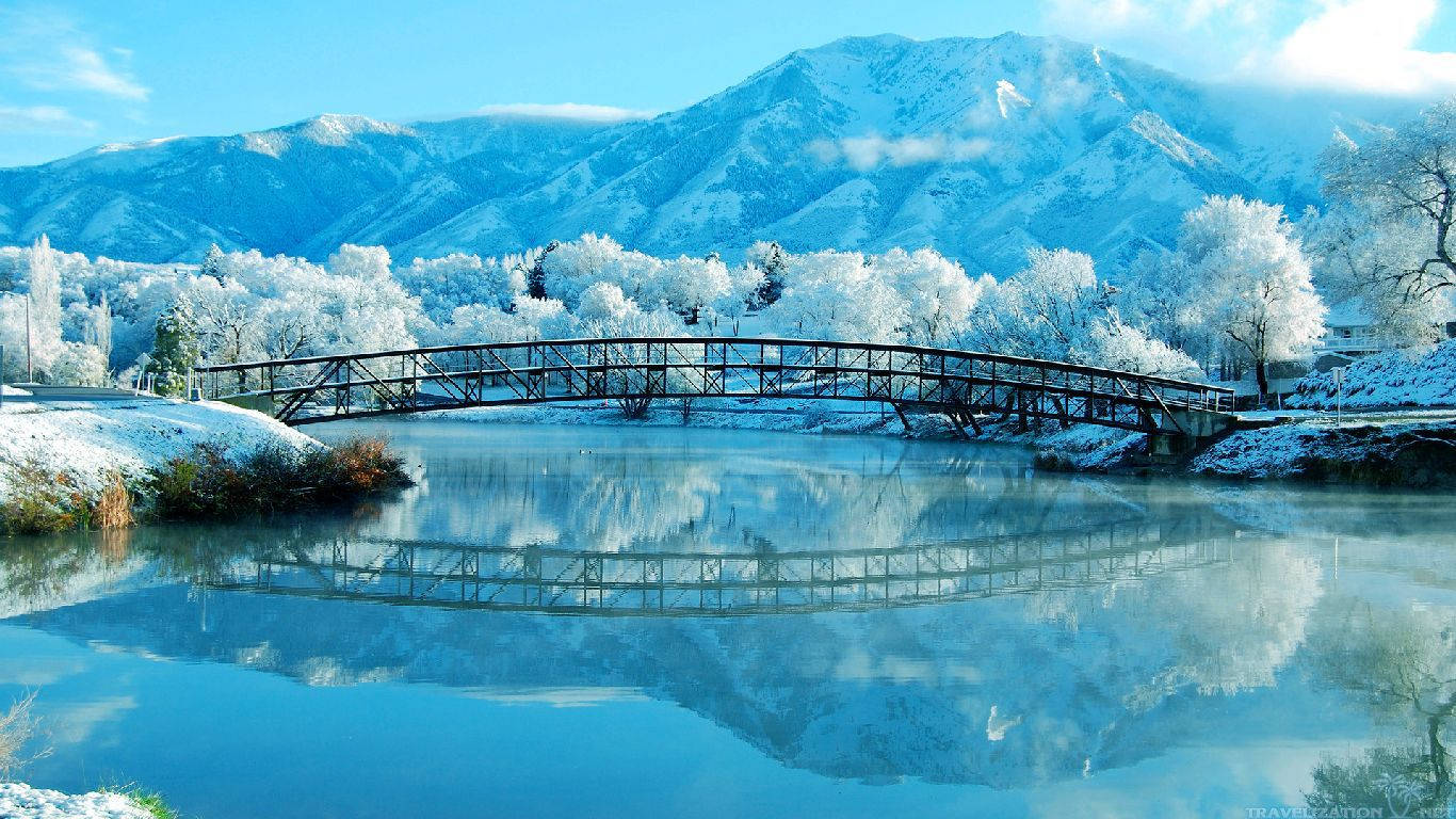 Winter Forest, arced bridge, calm blue river, HD Desktop Wallpaper