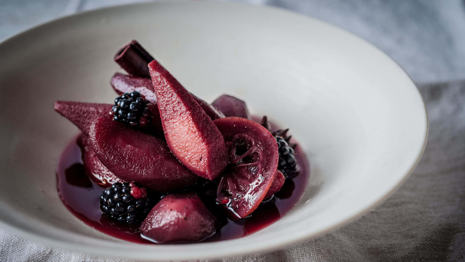 Winter Fruits, white bowl, glossy deep red poached pears, HD Desktop Wallpaper