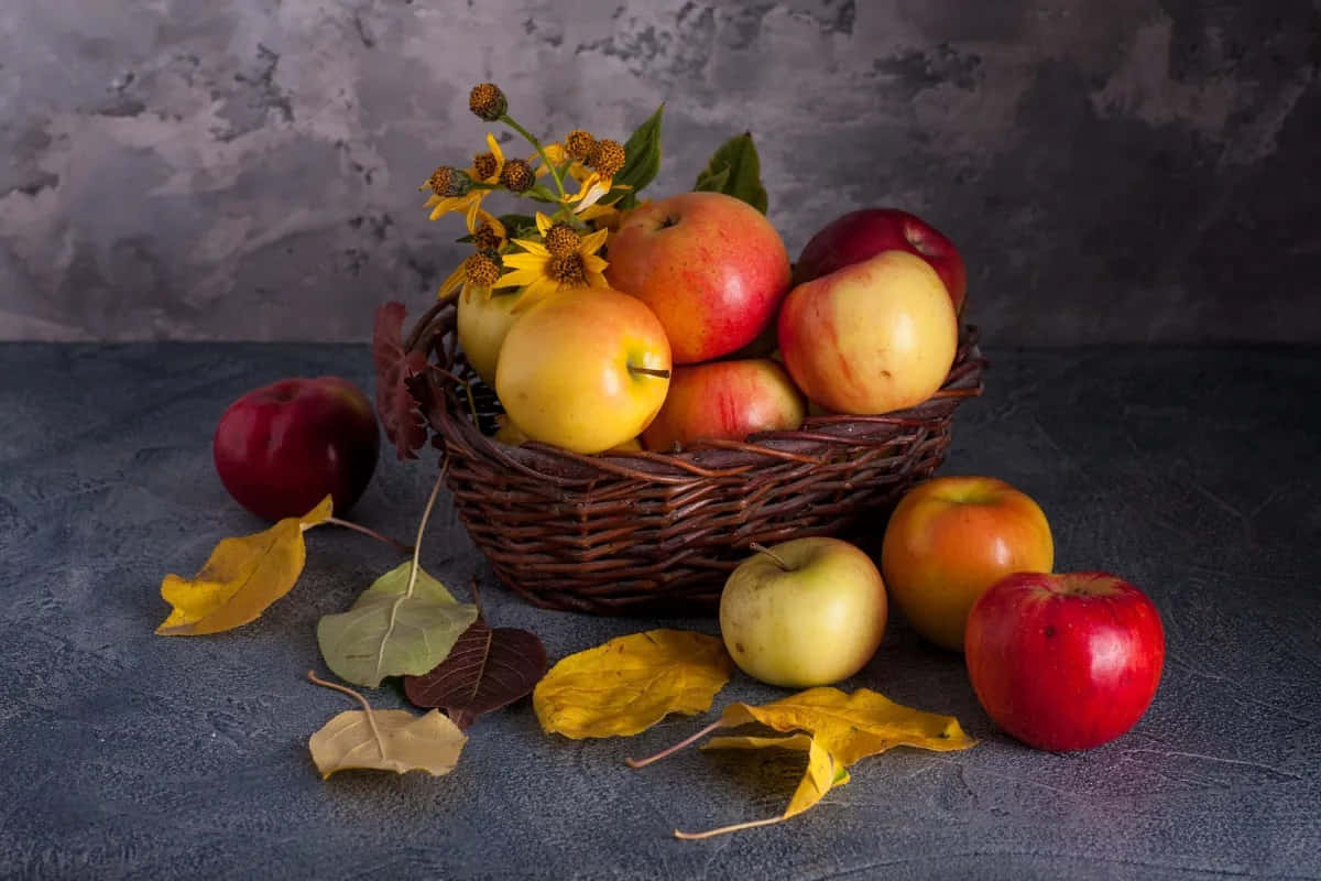 winter fruits, wicker basket, red apples, SD Desktop Wallpaper