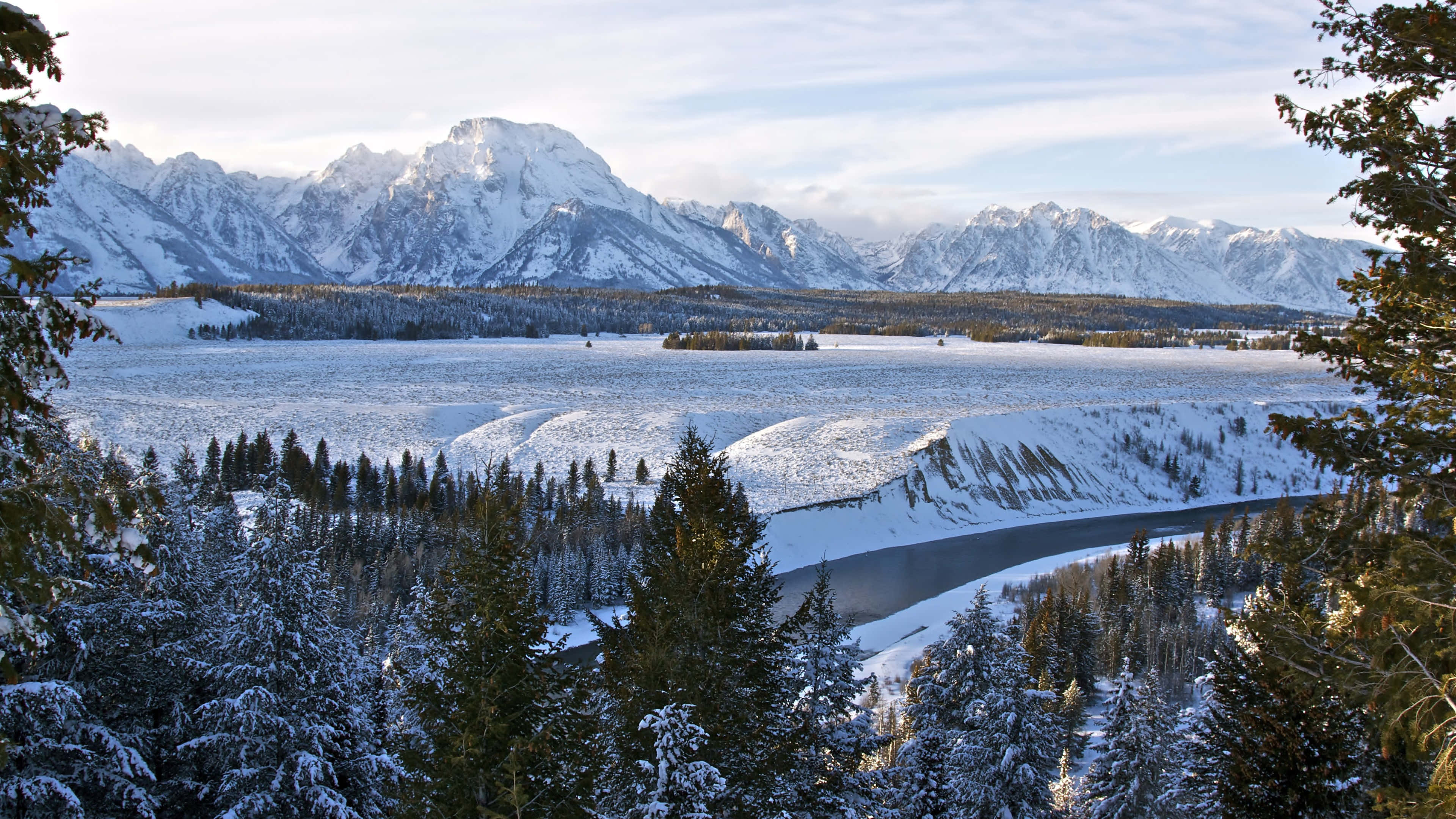 wintery landscape, snow-covered mountains, winding river, 4K Desktop Wallpaper