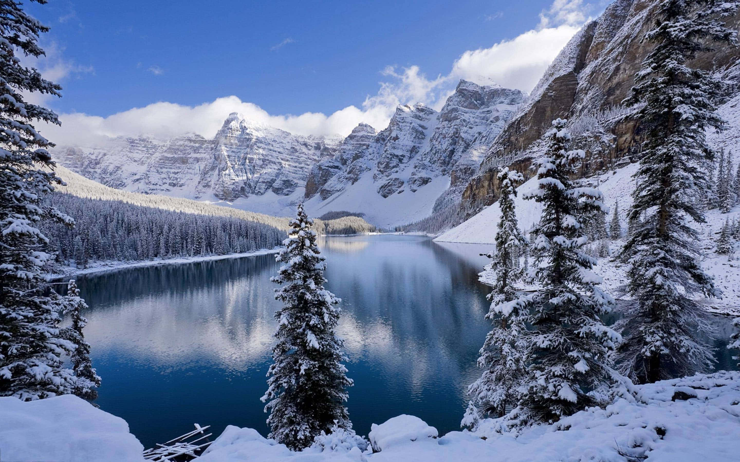 Winter Landscape HD Desktop, winter lake, snow-capped mountains, 2K Desktop Wallpaper