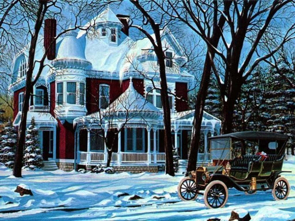 Victorian house, red walls, white trim, SD Desktop Wallpaper