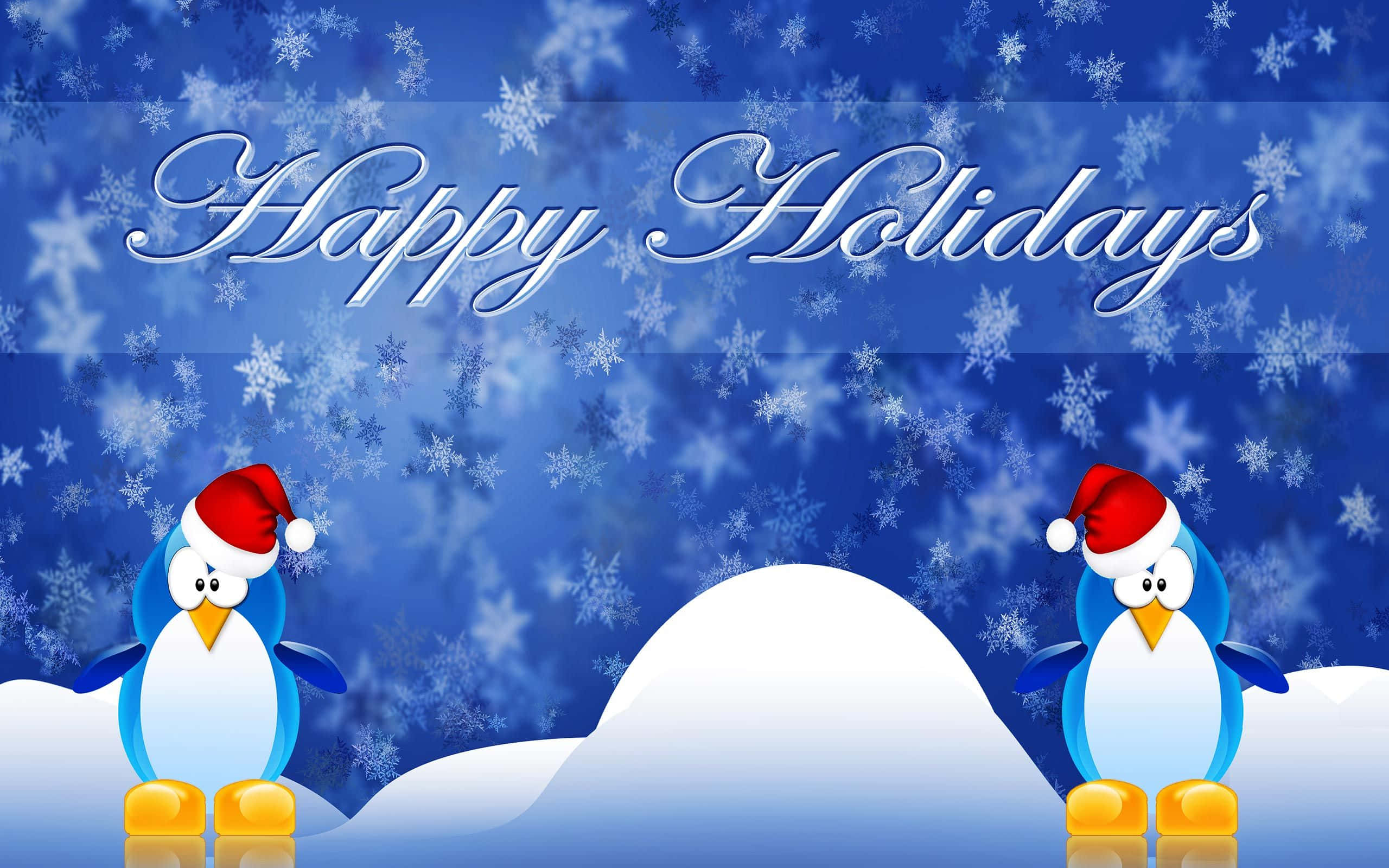 Winter Holiday Desktop, blue penguins, red Santa hats, 2K Desktop Wallpaper