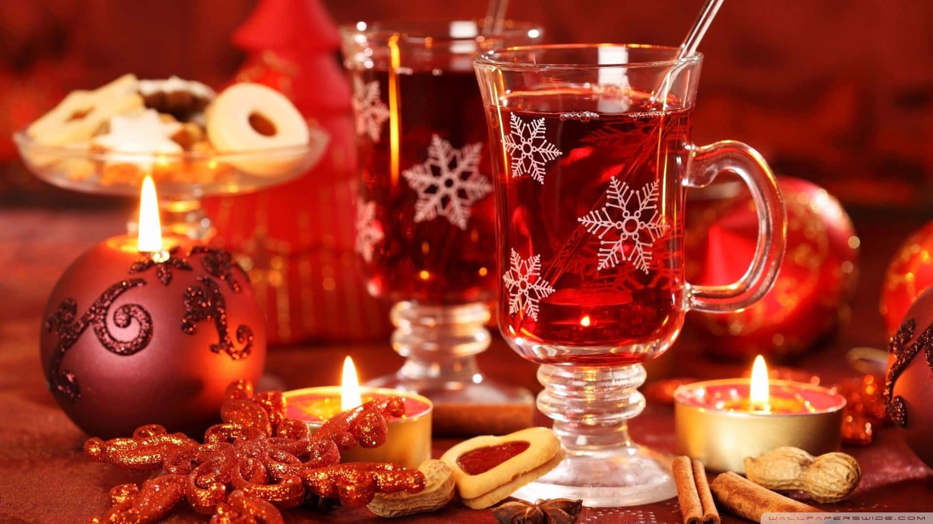 Winter Holiday Desktop, snowflake mugs, glowing candles, Full HD Desktop Wallpaper