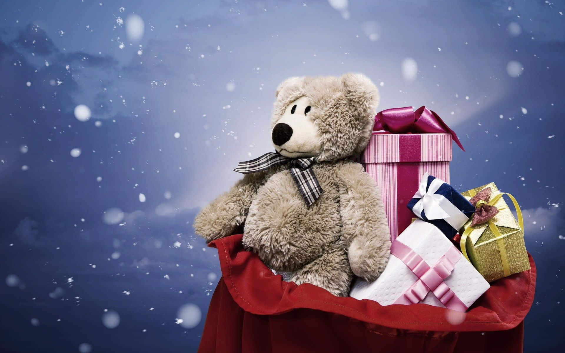 Winter Holiday Desktop, teddy bear, plaid bow, Full HD Desktop Wallpaper