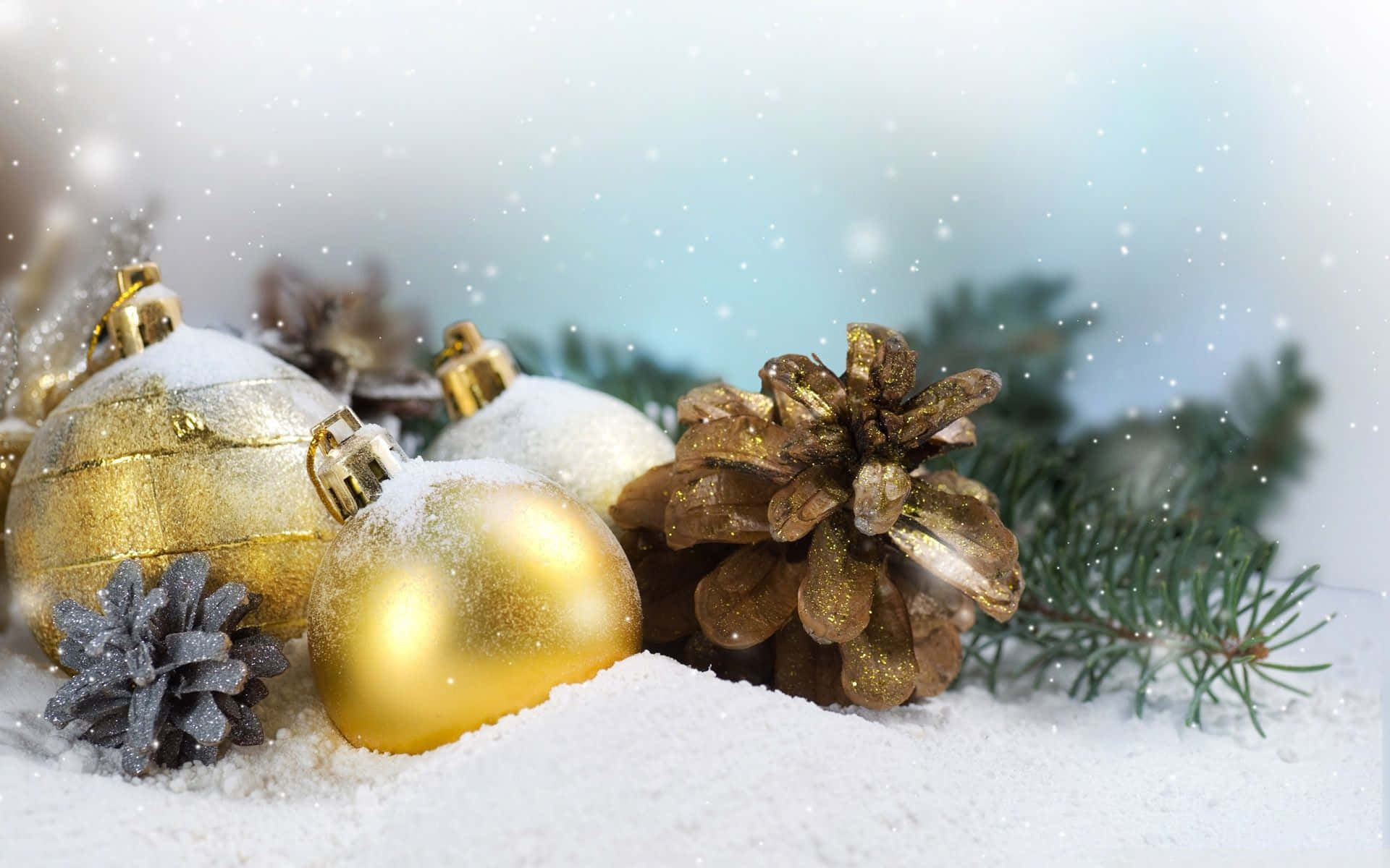 Winter Holiday, golden ornaments, pinecones, Full HD Desktop Wallpaper