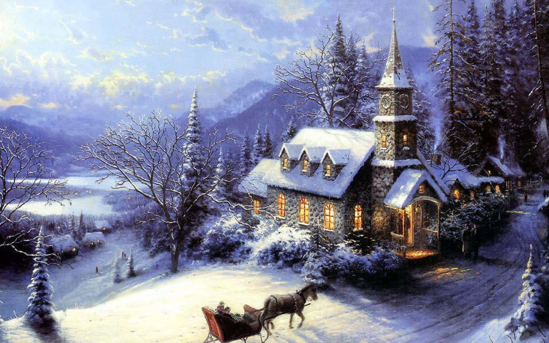 Winter Holiday, snow-covered stone church, warm glowing windows, Full HD Desktop Wallpaper