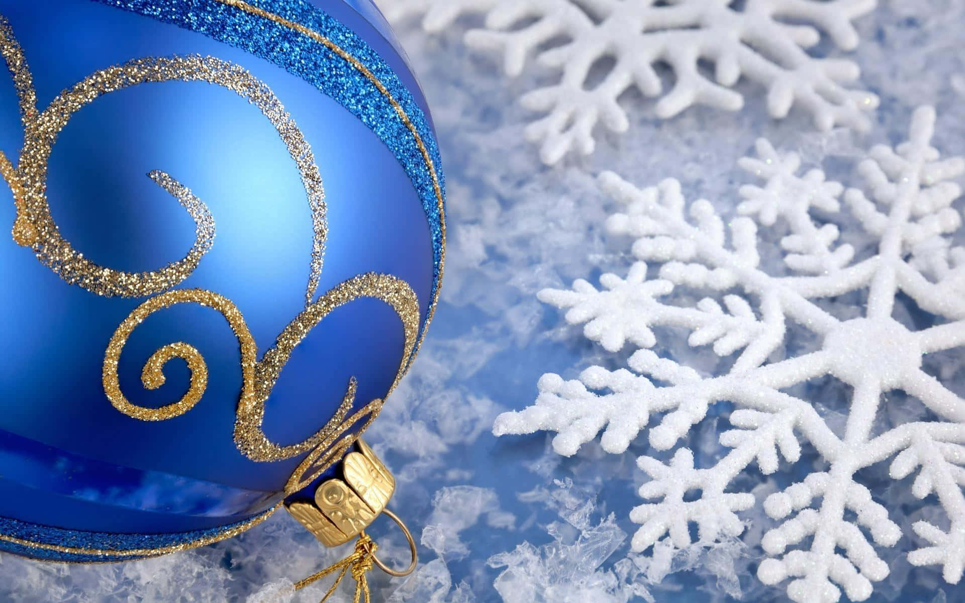 Winter Holiday, glossy blue Christmas ornament, gold glitter swirls, Full HD Desktop Wallpaper