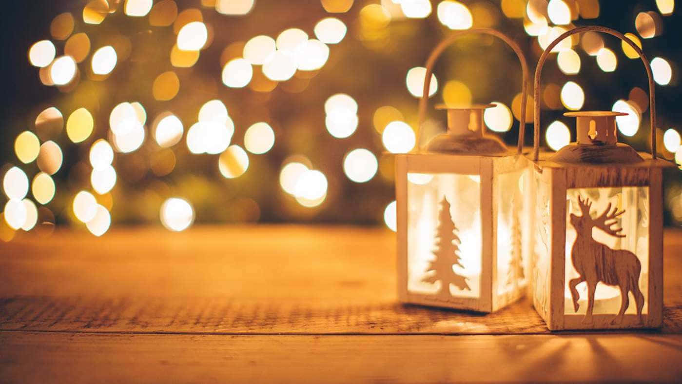 Winter Holiday, wooden lanterns, deer and tree cutouts, HD Desktop Wallpaper