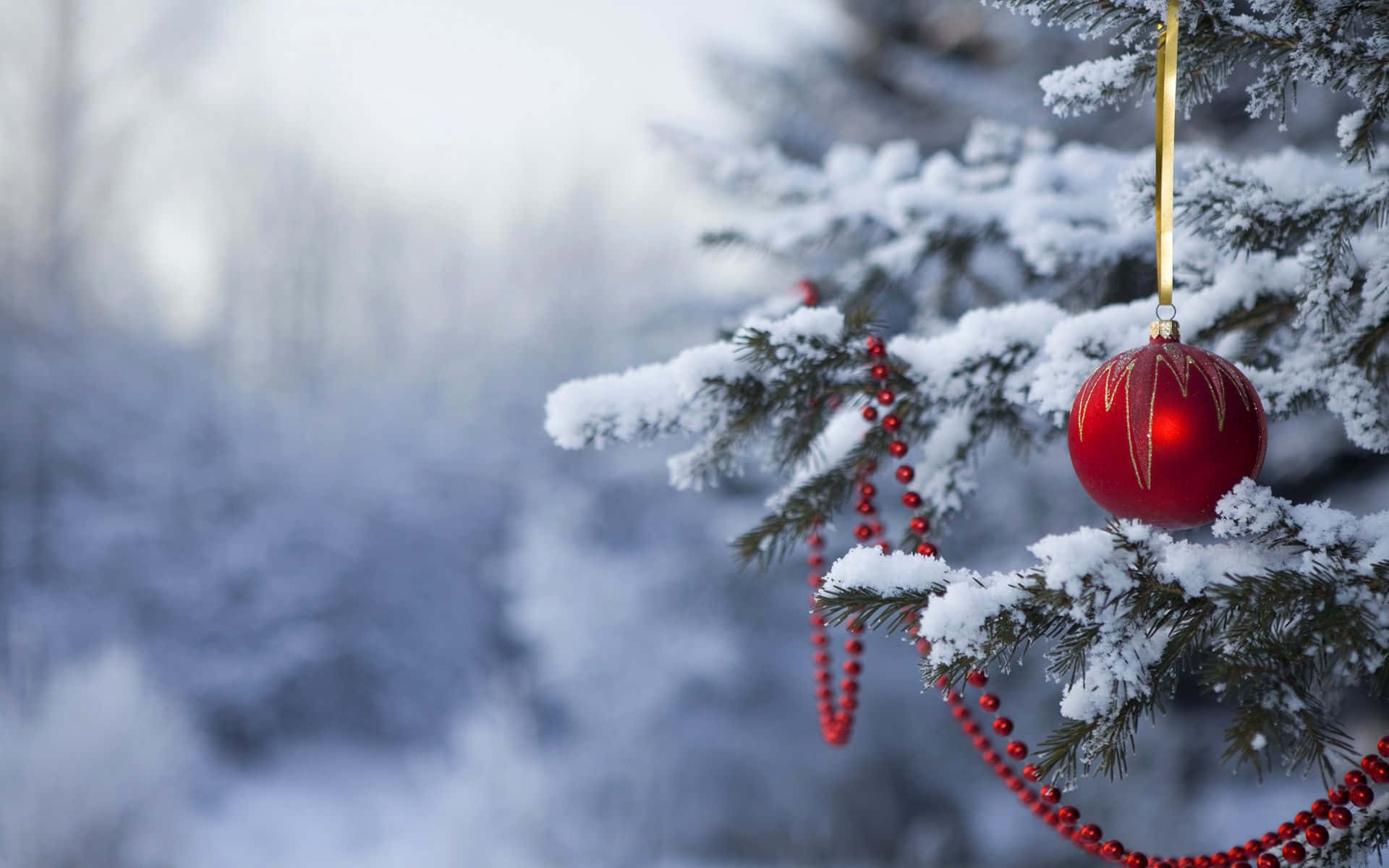 winter holiday, red Christmas ornament, snow-laden pine branch, Full HD Desktop Wallpaper