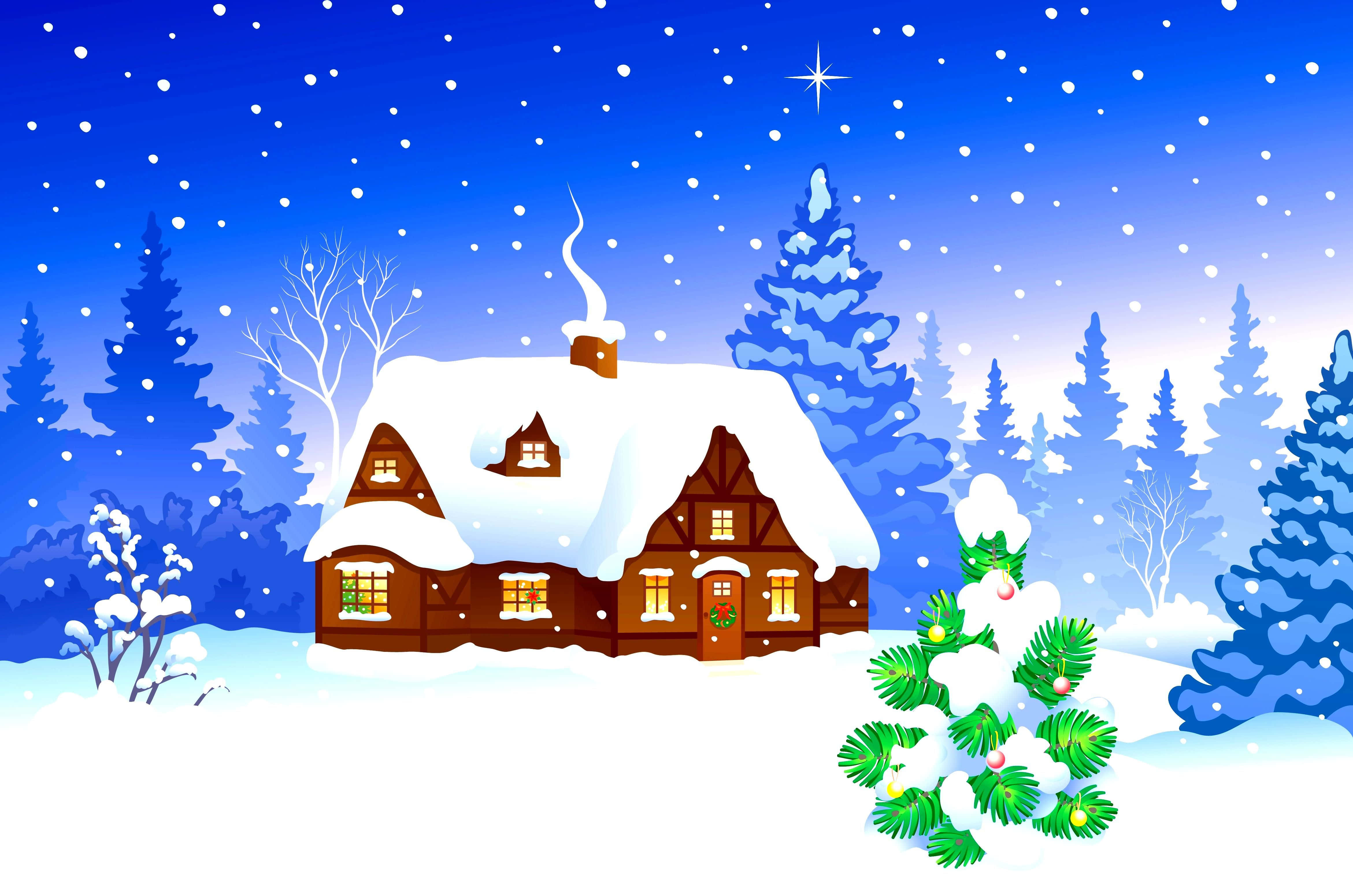 Snowy Winter Wonderland, snow-covered wooden cabin, warm lights, 4K Desktop Wallpaper
