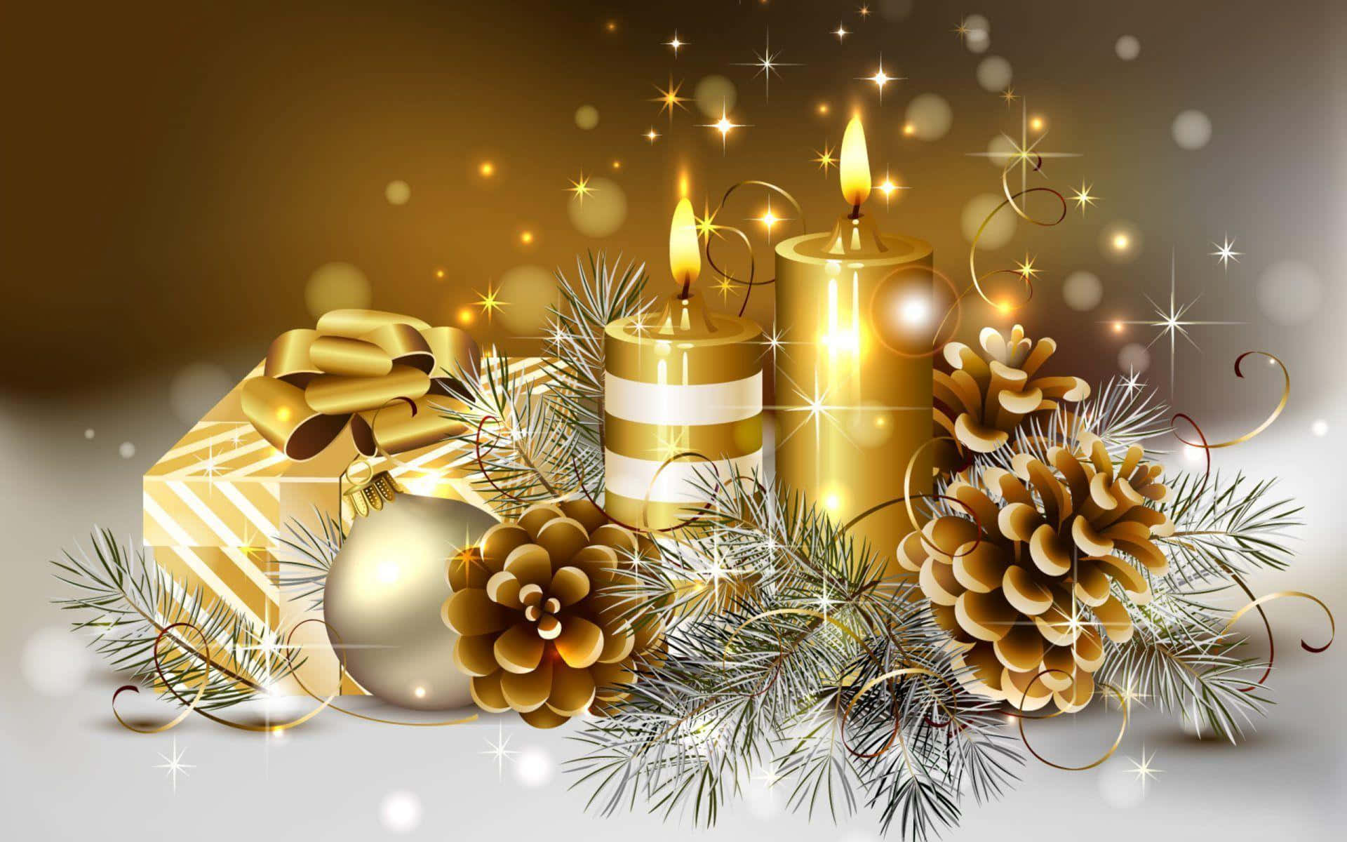 Winter Holiday, Golden Christmas ornaments, pinecones, Full HD Desktop Wallpaper