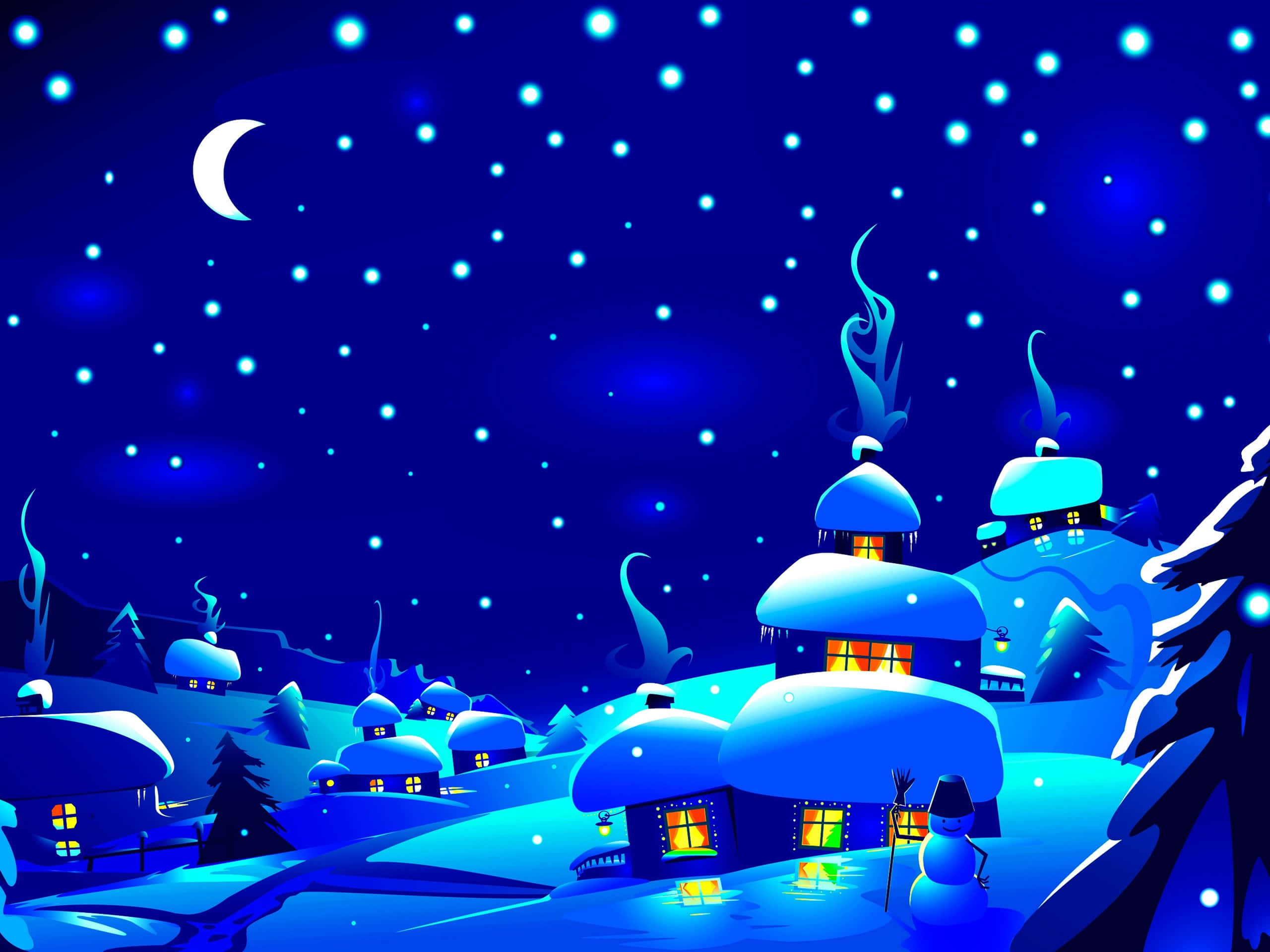 snowy winter scene, snow-covered village, starry night sky, 2K Desktop Wallpaper