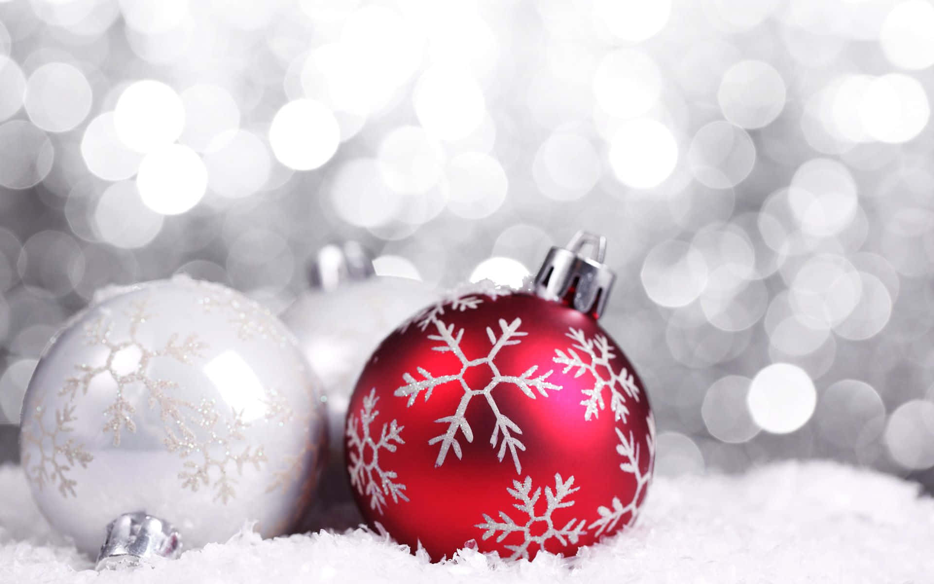 white christmas, Yuletide season, shiny red and silver snowflake ornaments, Full HD Desktop Wallpaper
