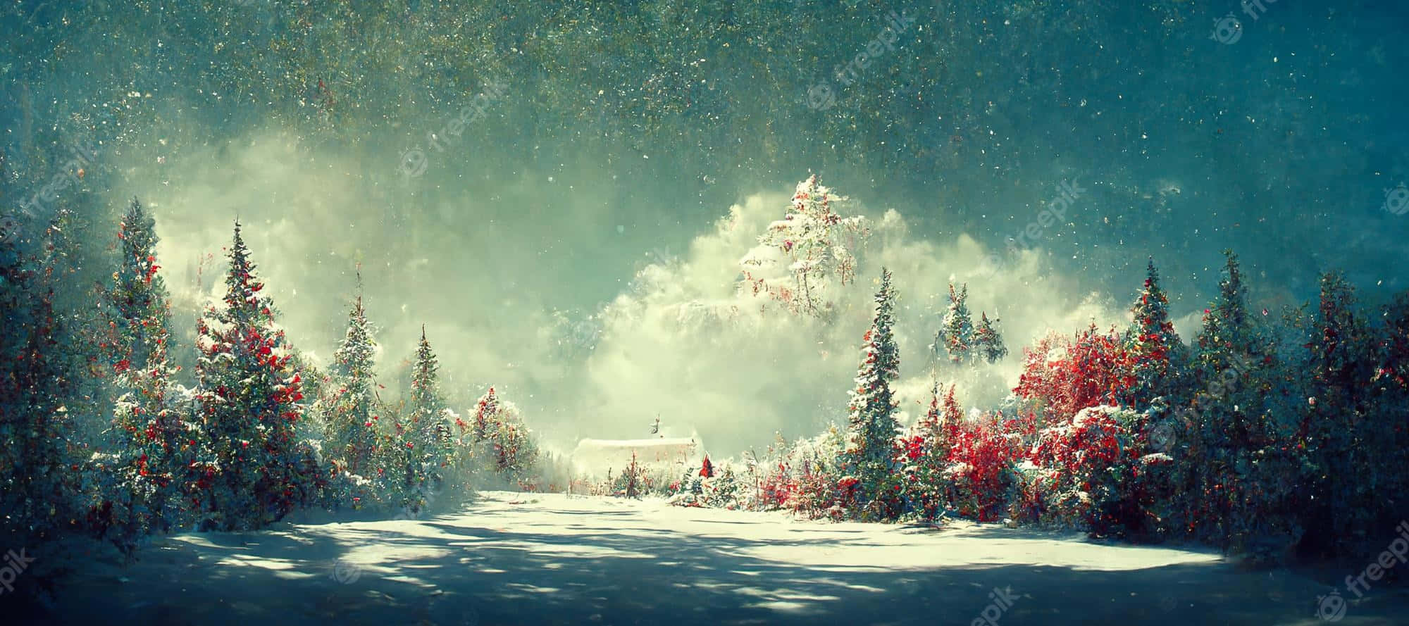 snowy winter forest, red berry bushes, small cabin, Full HD Desktop Wallpaper