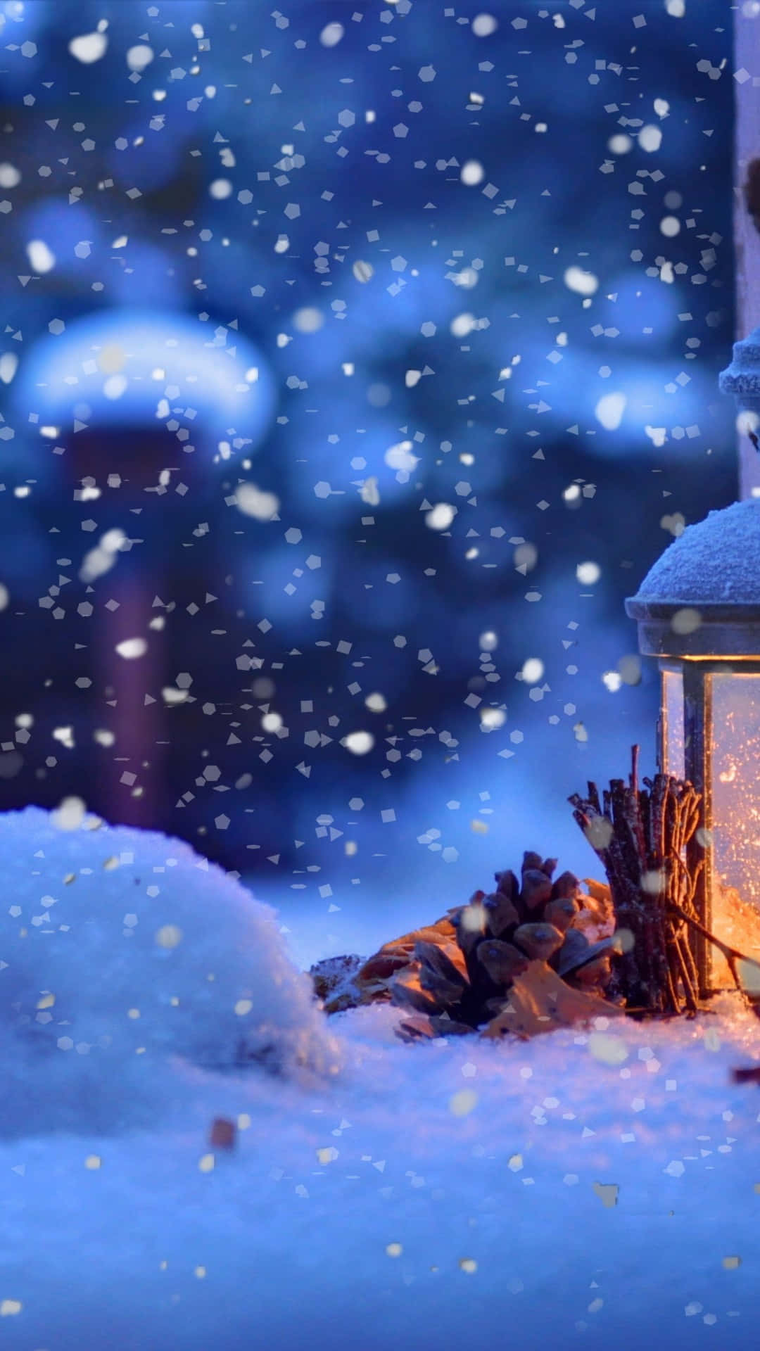 Christmas snow, twilight blue, glowing lantern, Full HD Phone Wallpaper
