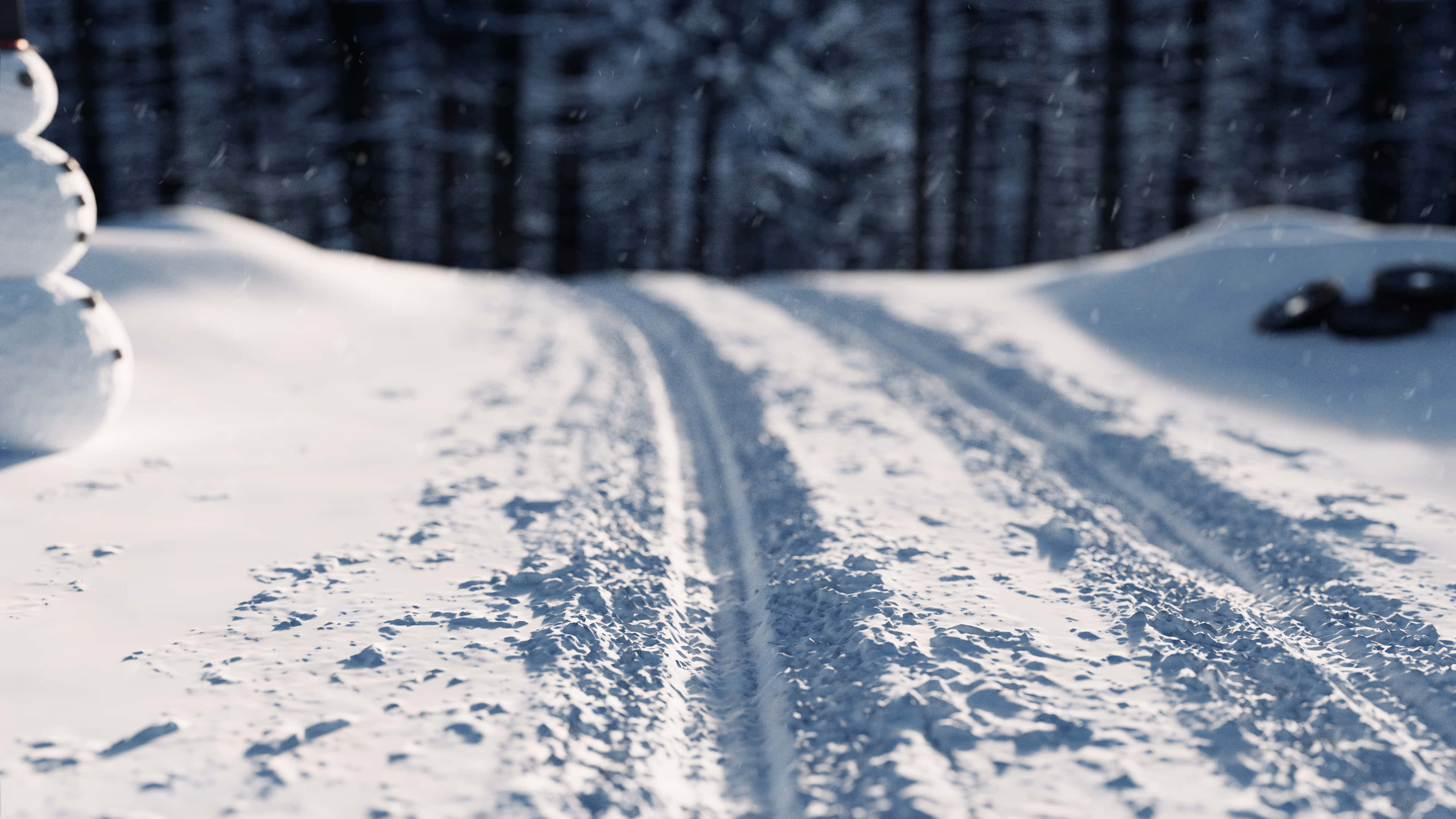 snowy winter path, tire tracks, snowman, 4K Desktop Wallpaper