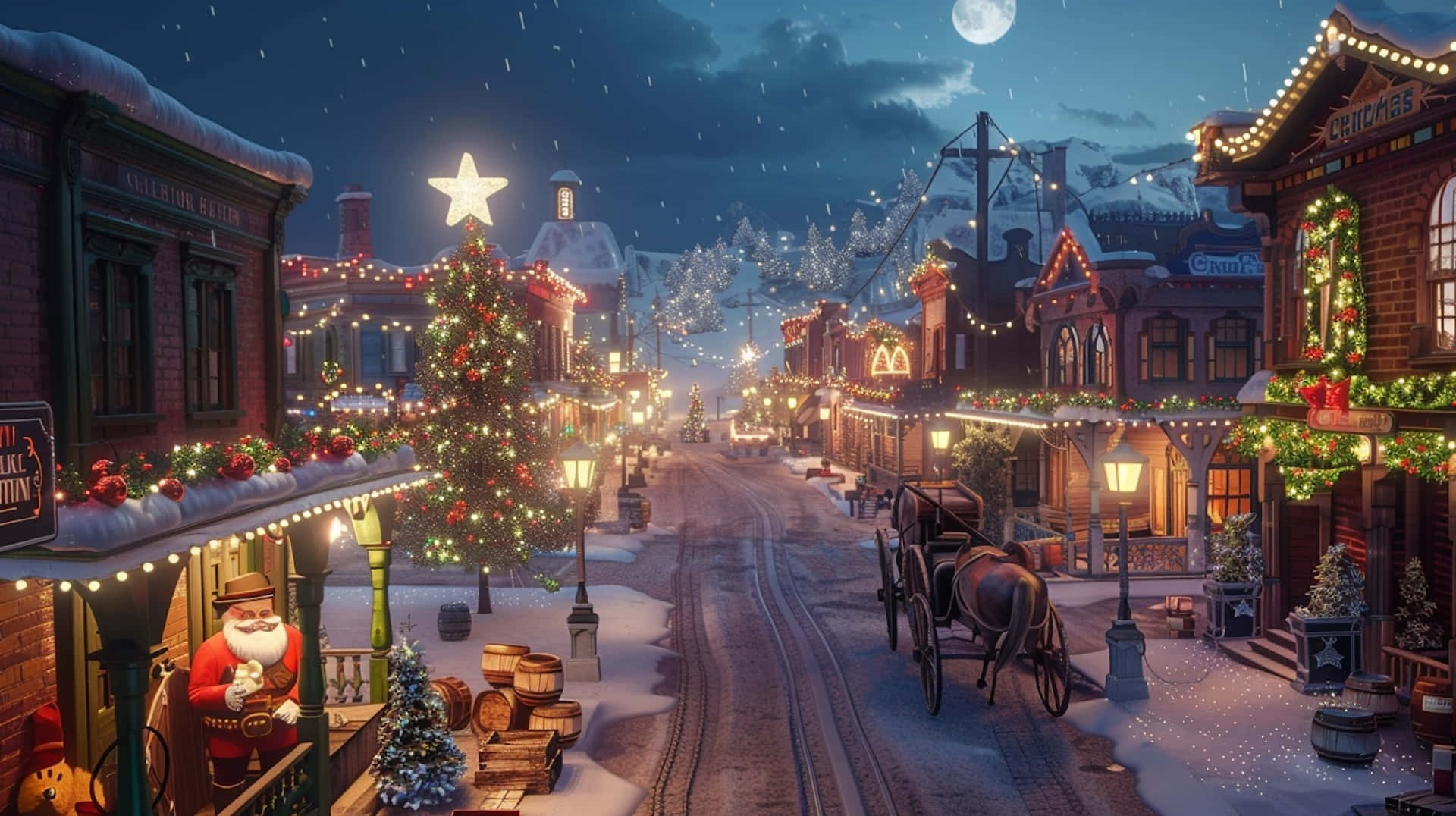 Christmas Eve, snowy town, glowing lights, Full HD Desktop Wallpaper
