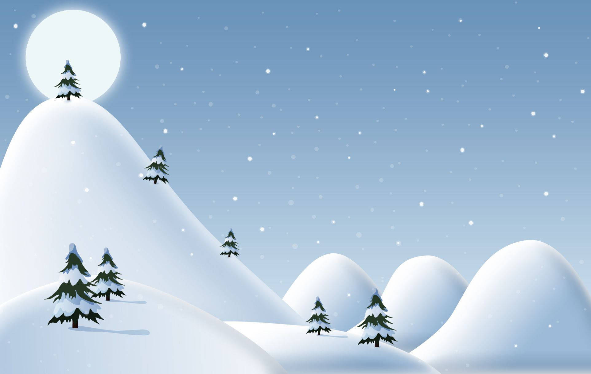 snowy hill, evergreen trees, full moon, Full HD Desktop Wallpaper
