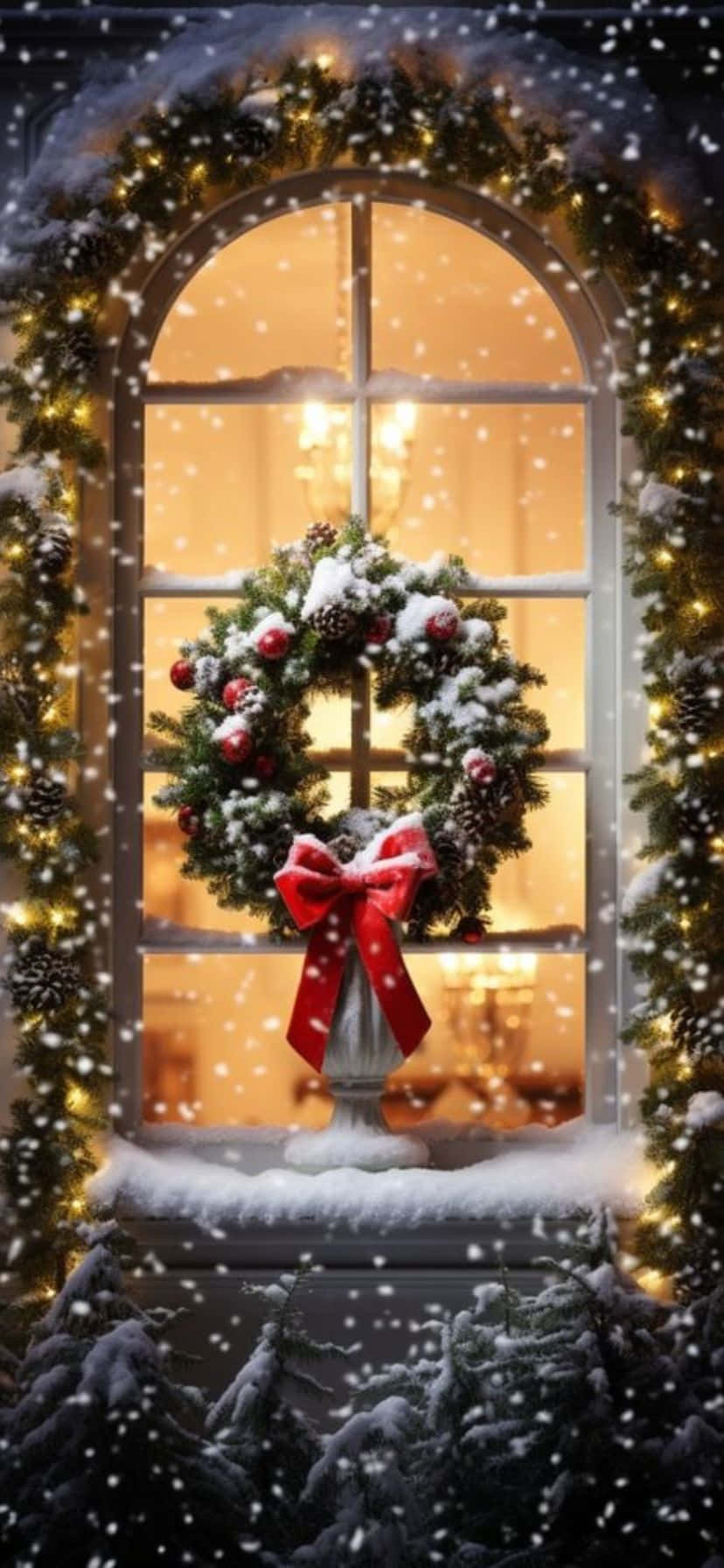 snowy winter night, arched window, festive wreath, HD Phone Wallpaper