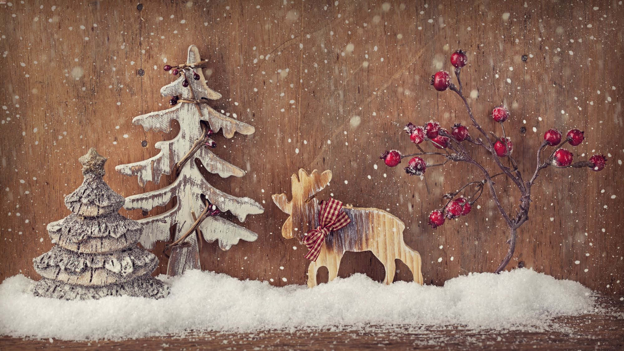 rustic Christmas decoration, wooden Christmas trees, moose with red berries, Full HD Desktop Wallpaper