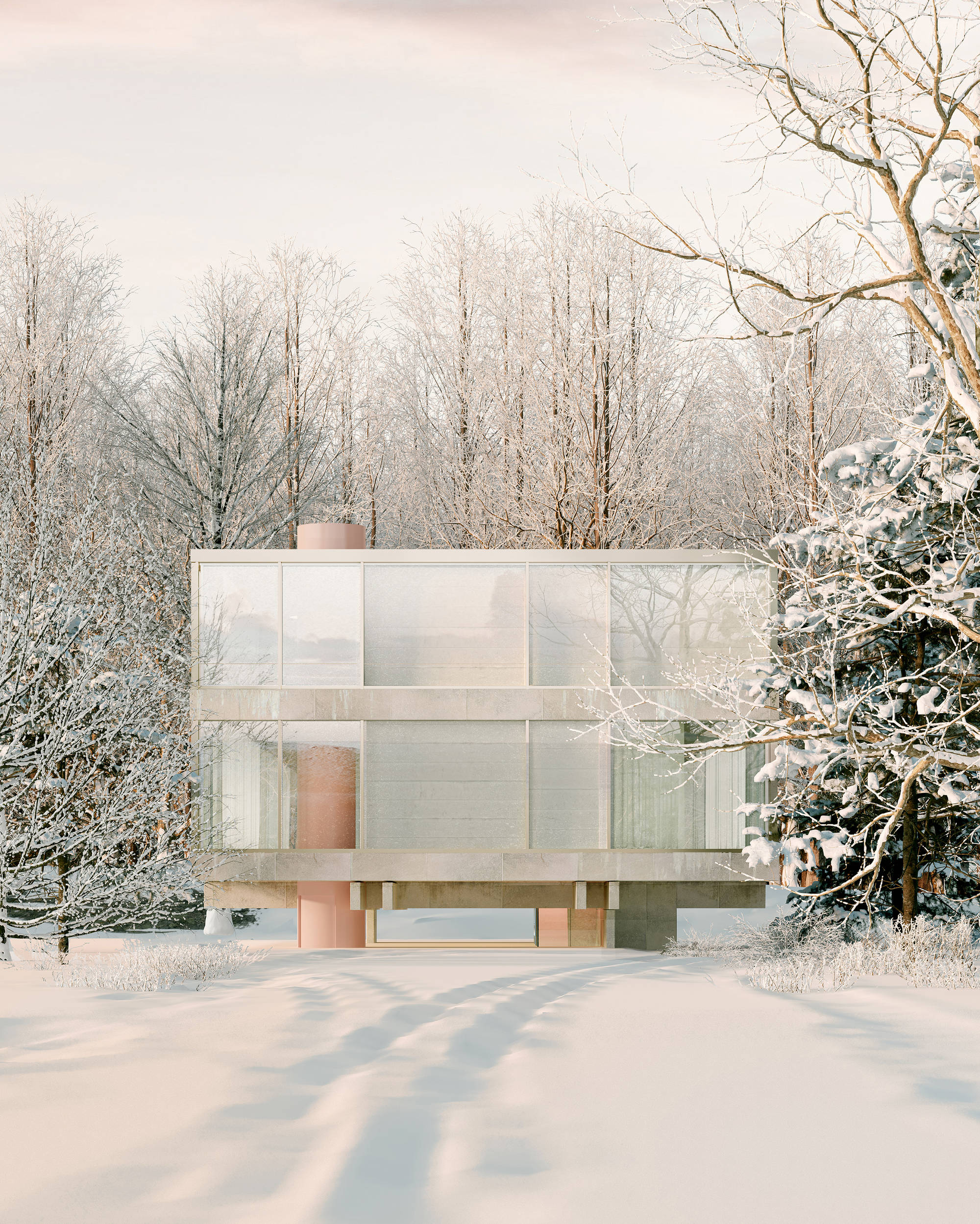 glass winter house, pink accents, snowy winter forest, Full HD Phone Wallpaper