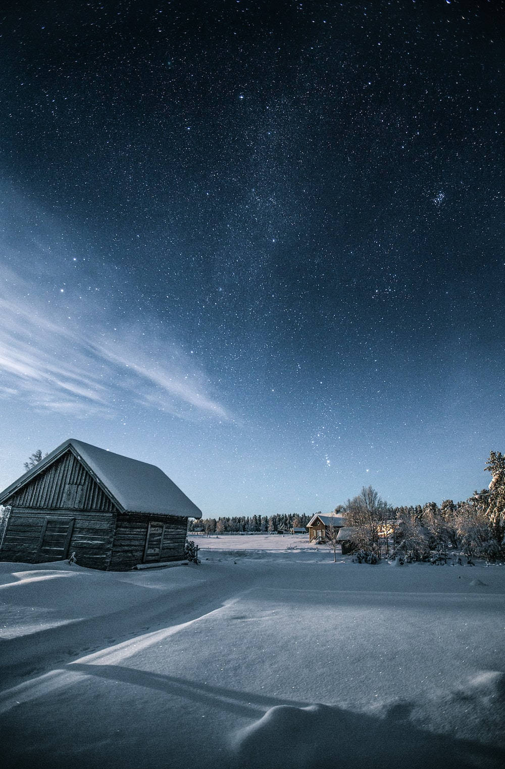 Winter House, starry winter night sky, snow-covered wooden cabin, HD Phone Wallpaper
