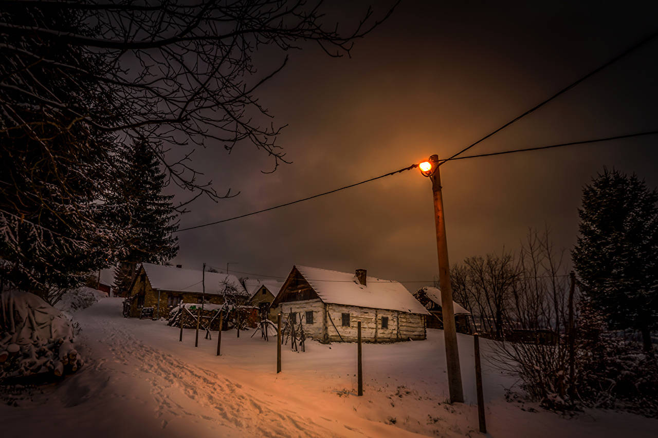 Winter Houses, streetlamp, snow-covered cottages, HD Desktop Wallpaper
