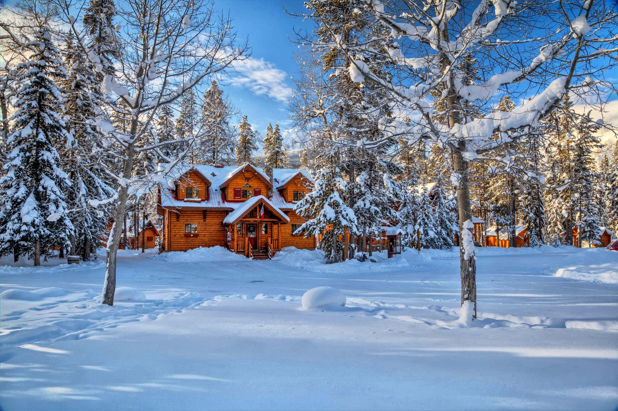 pristine alberta snow house, wooden cabin, snowy forest, Full HD Desktop Wallpaper