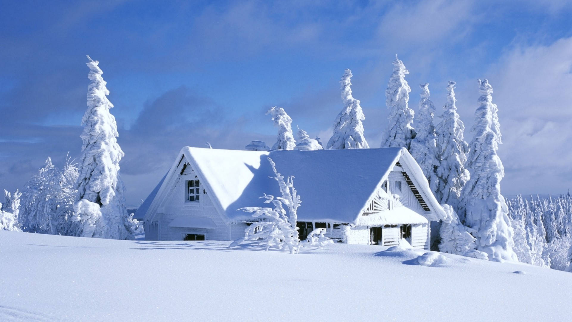 1920x1080, snow-covered wooden cabin, frost-laden pine trees, Full HD Desktop Wallpaper