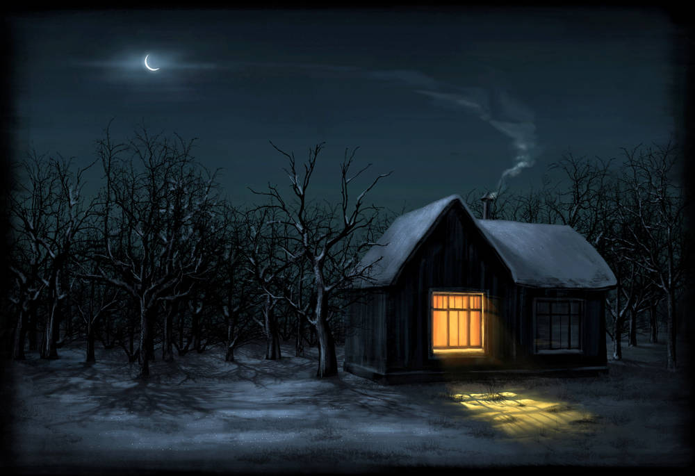 creepy winter house, crescent moon, snow-covered cabin, SD Desktop Wallpaper