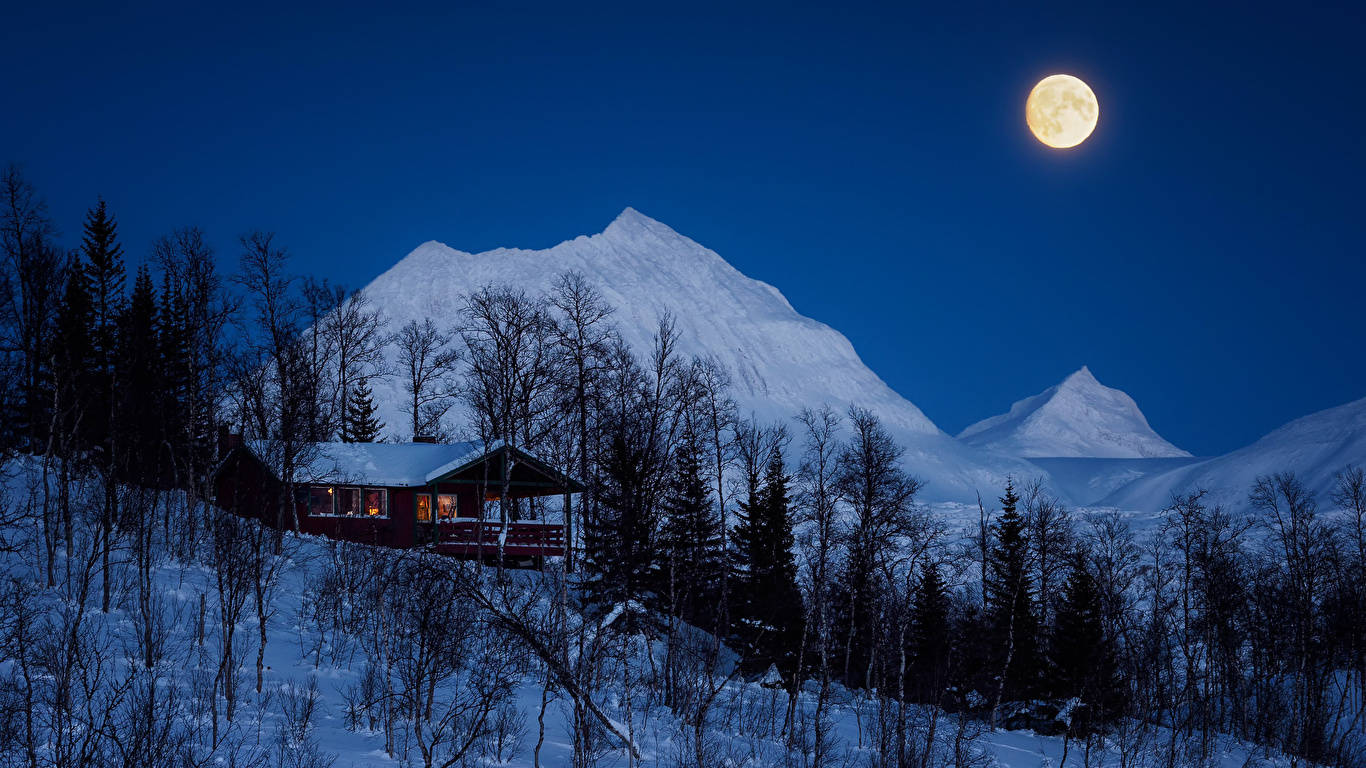 Winter House, full moon, snowy woods, HD Desktop Wallpaper