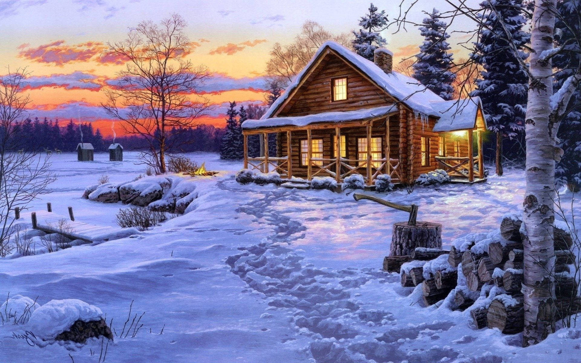 Winter House, snow-covered log cabin, vibrant winter sunset sky, Full HD Desktop Wallpaper