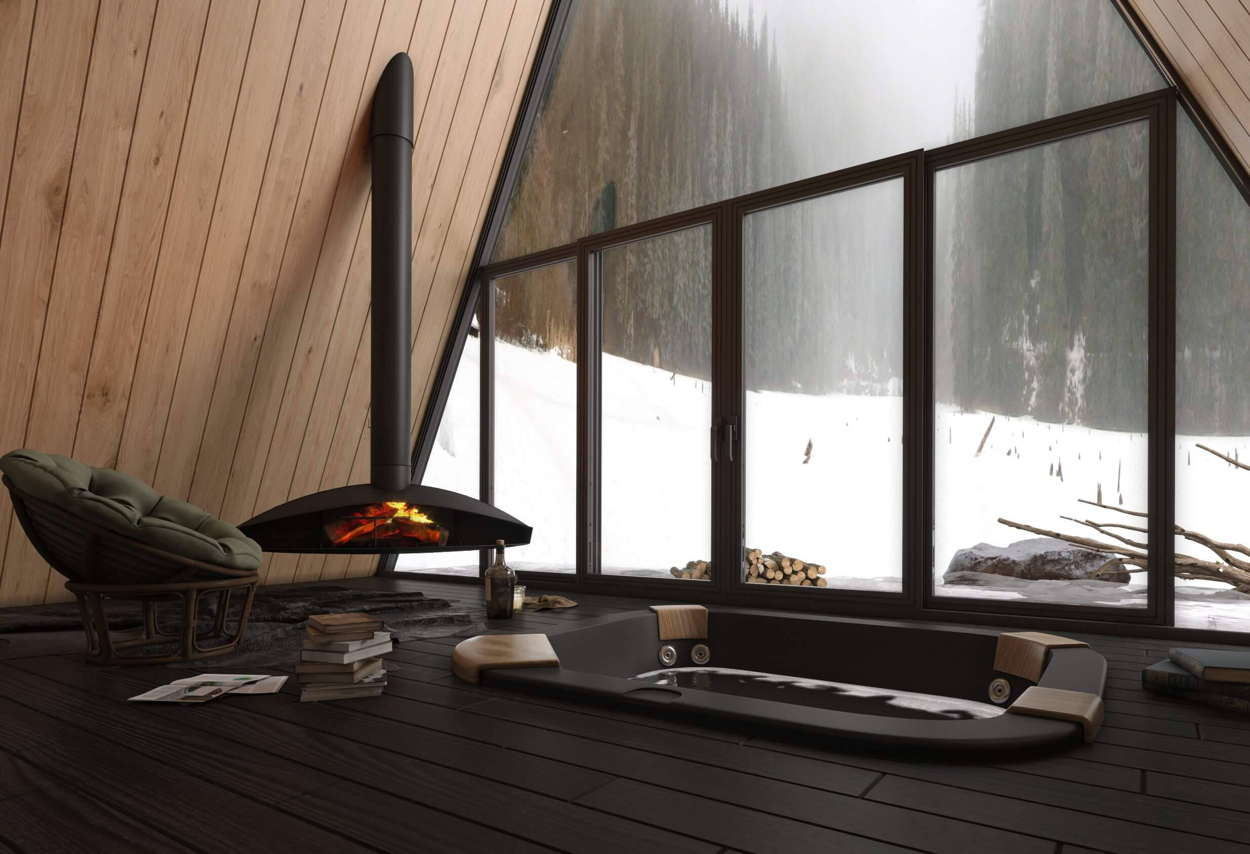 Winter House, wood-burning stove, large windows, Full HD Desktop Wallpaper