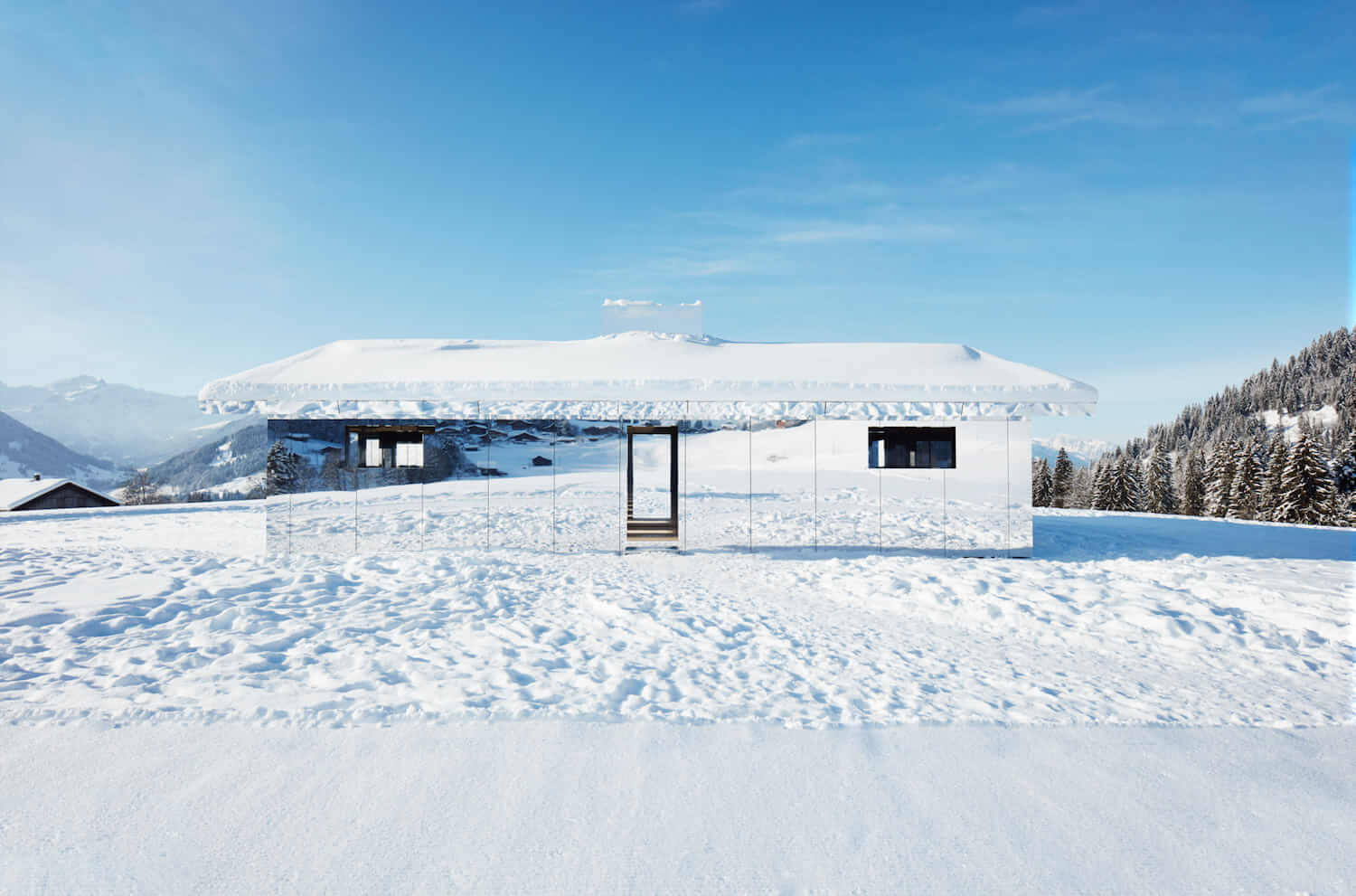 Winter House, mirrored cabin, snowy mountain landscape, HD Desktop Wallpaper