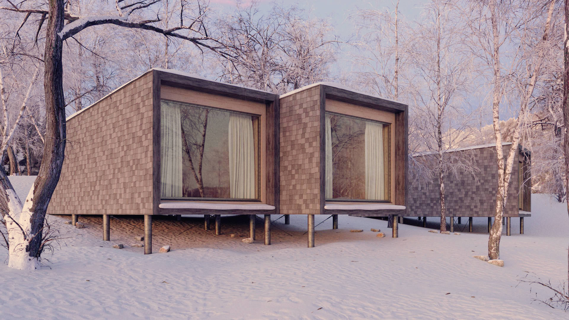 rectangular winter house, modern wooden cabins, stilts, Full HD Desktop Wallpaper