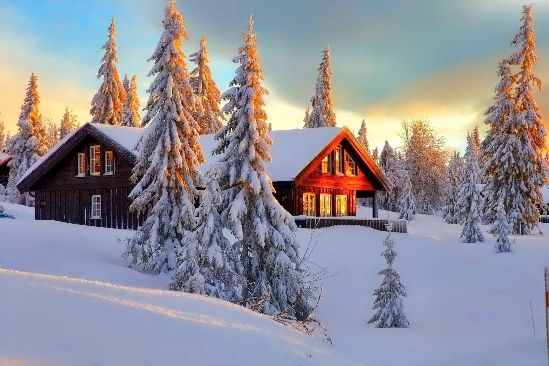 Winter House, golden hour, snow-covered wooden cabins, Full HD Desktop Wallpaper