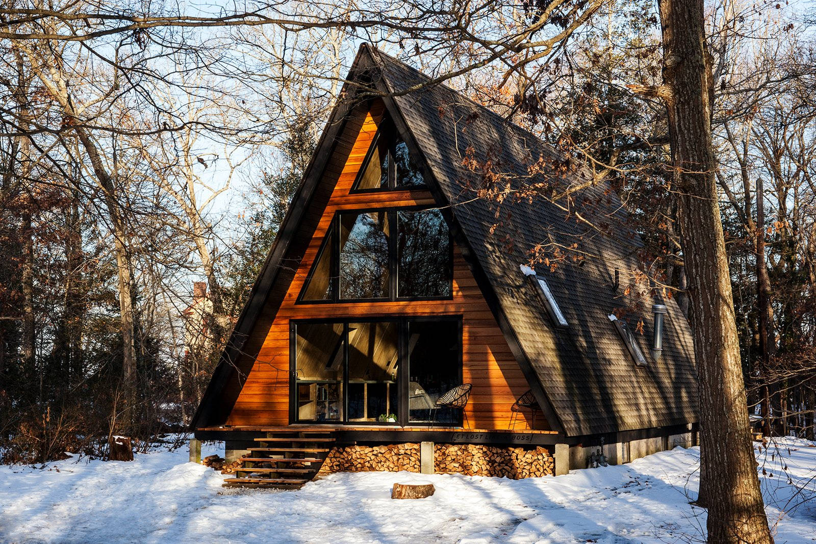 A-frame cabin, warm wooden walls, large glass windows, HD Desktop Wallpaper