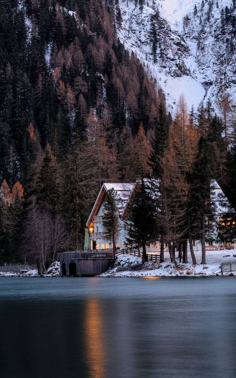 Winter House, calm lake, dusk, HD Phone Wallpaper
