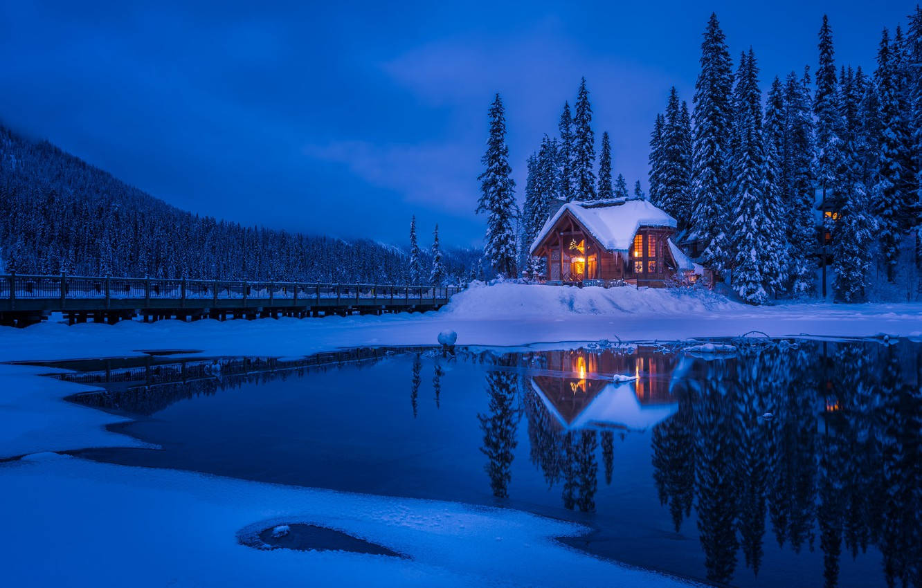 Winter House, lake, snow-covered cabin, HD Desktop Wallpaper