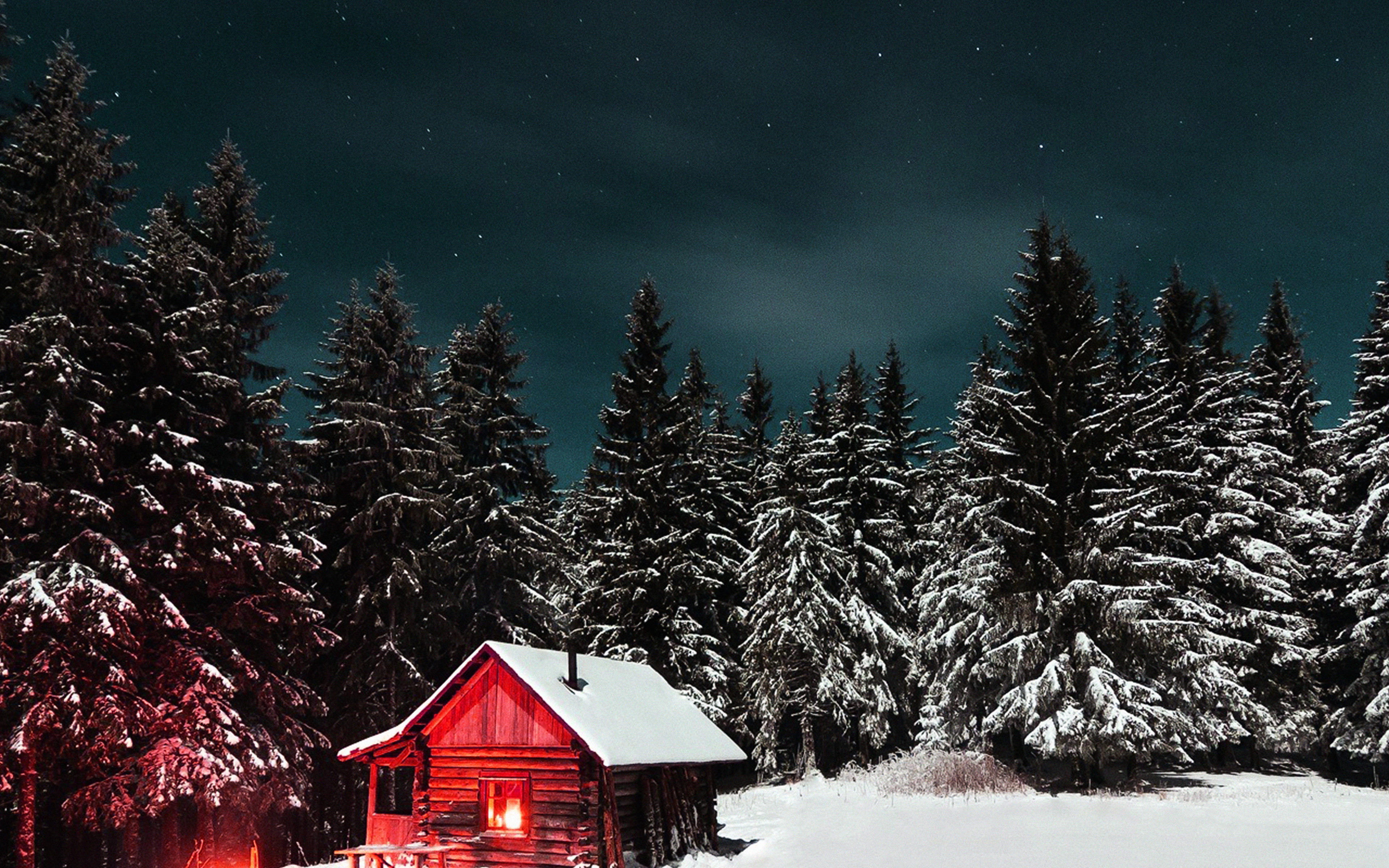 Winter House, red cabin, starry night sky, 4K Desktop Wallpaper