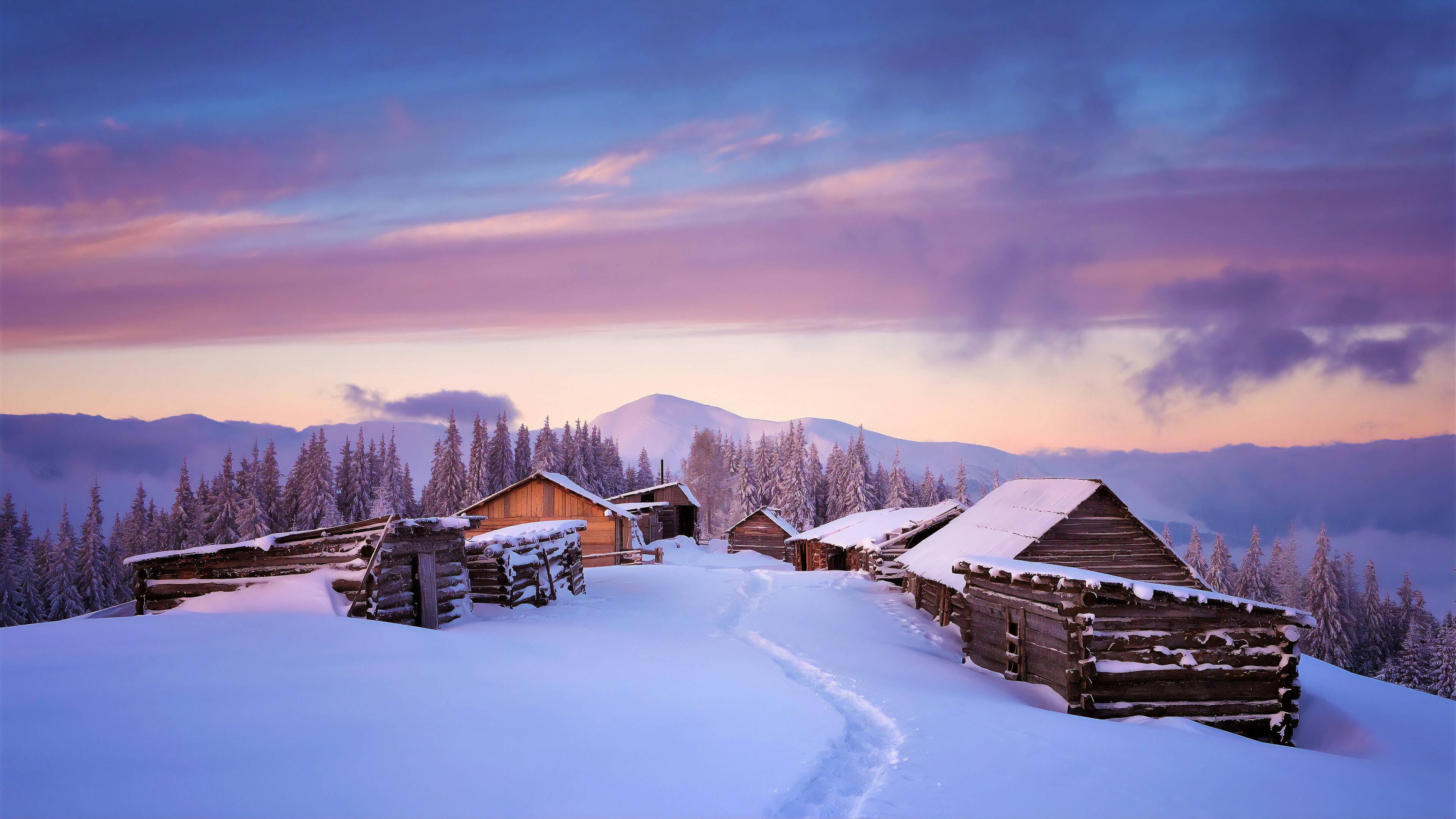Winter House, colorful sky, snow-covered wooden cabins, 4K Desktop Wallpaper