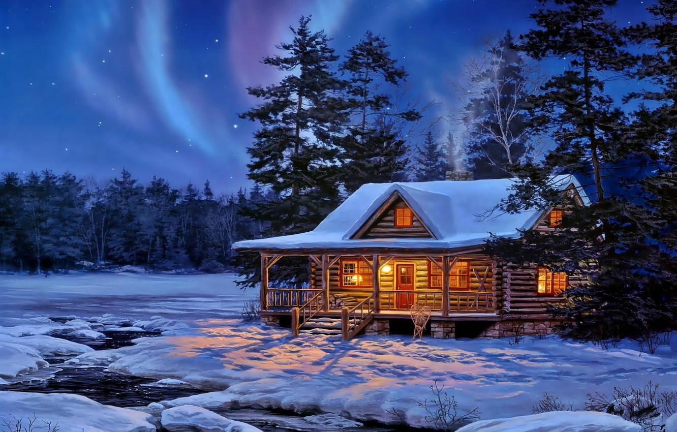 Winter House, northern lights, aurora borealis, HD Desktop Wallpaper