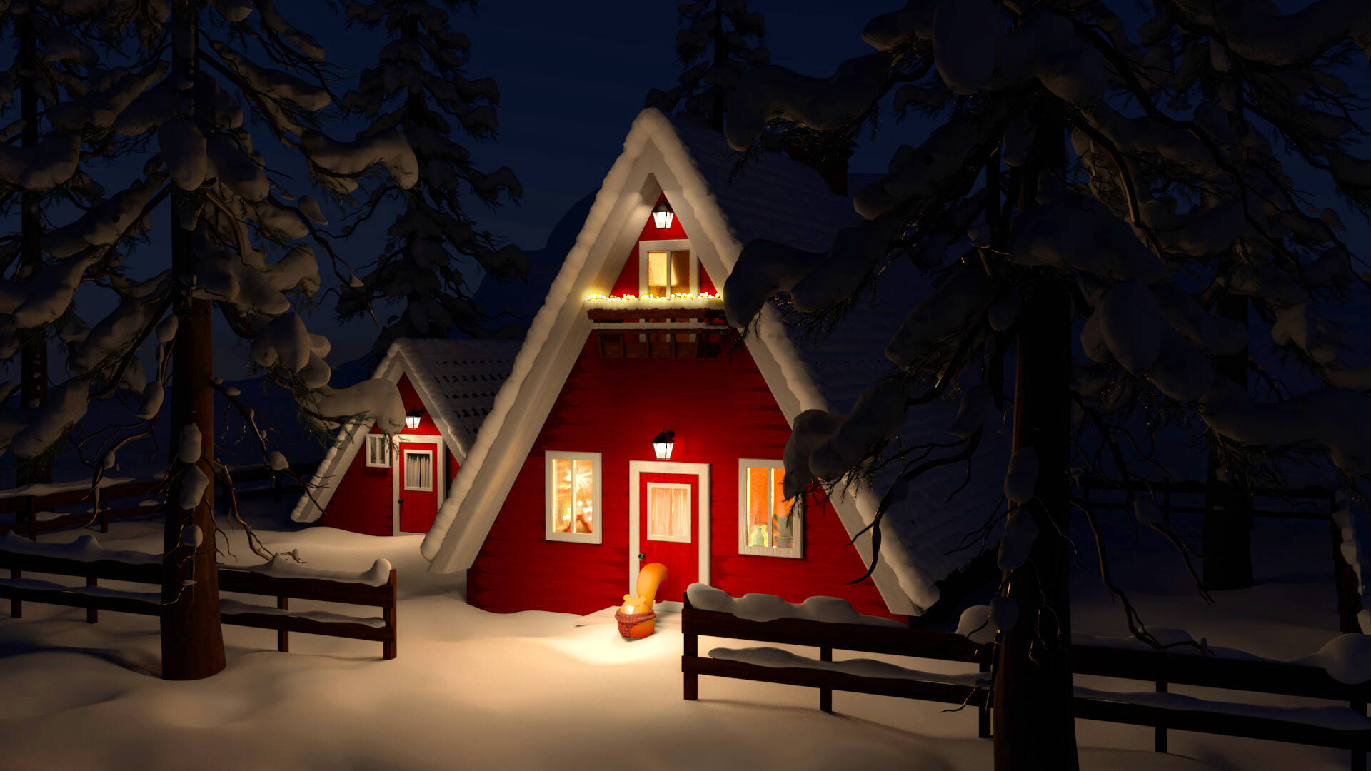 red animated winter house, cozy red cabin, snowy woods, Full HD Desktop Wallpaper