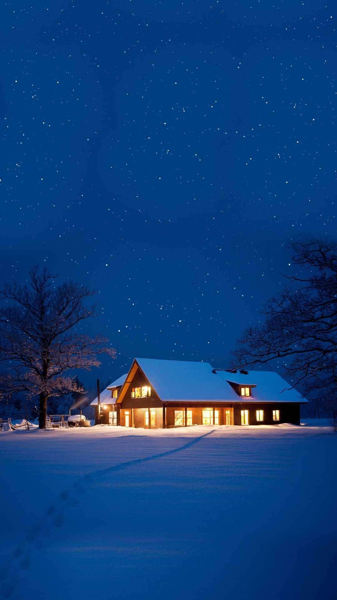 Winter House, starry winter night sky, snow-covered cabin, Full HD Phone Wallpaper