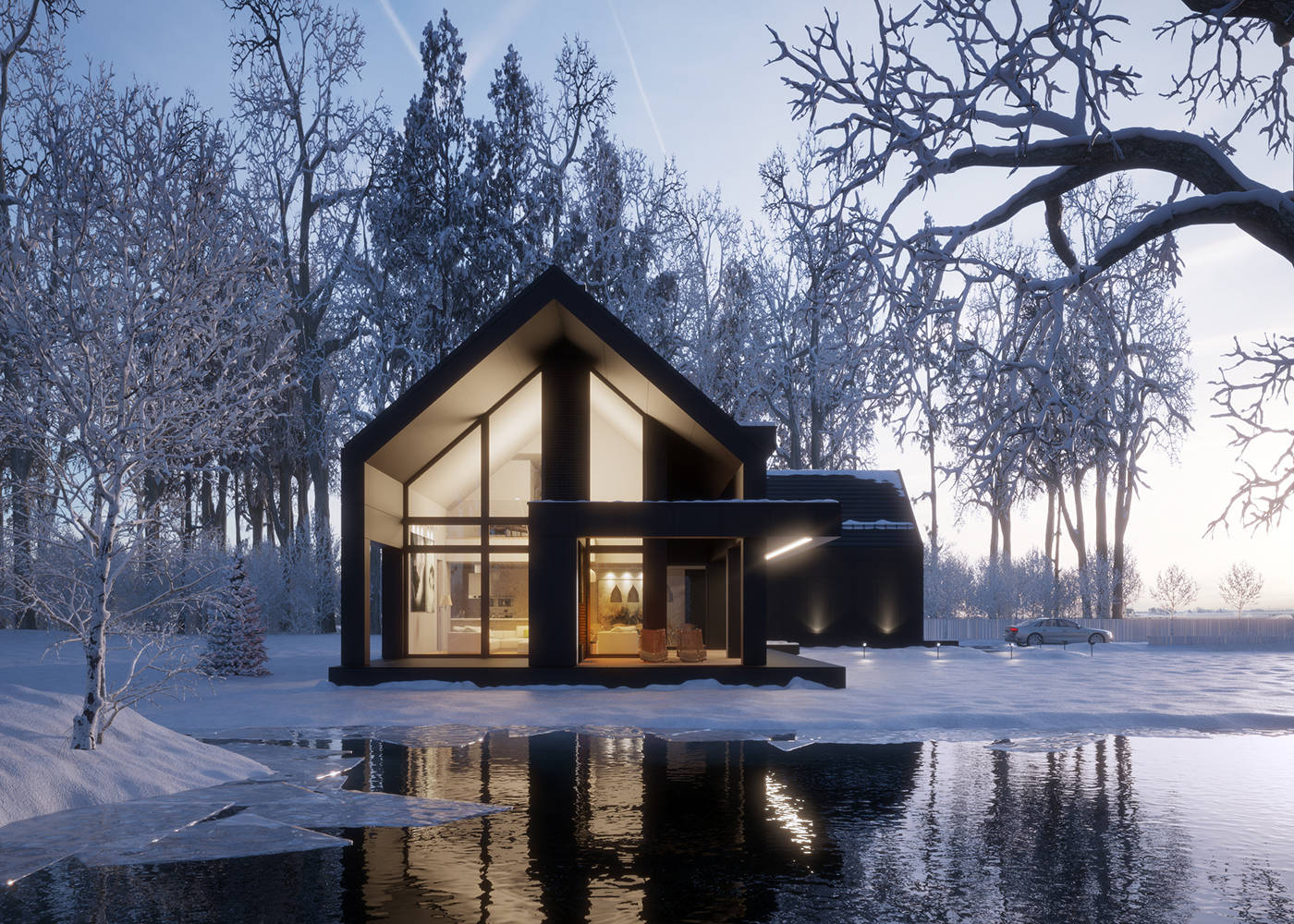 black winter house, modern glass cabin, snowy forest, HD Desktop Wallpaper