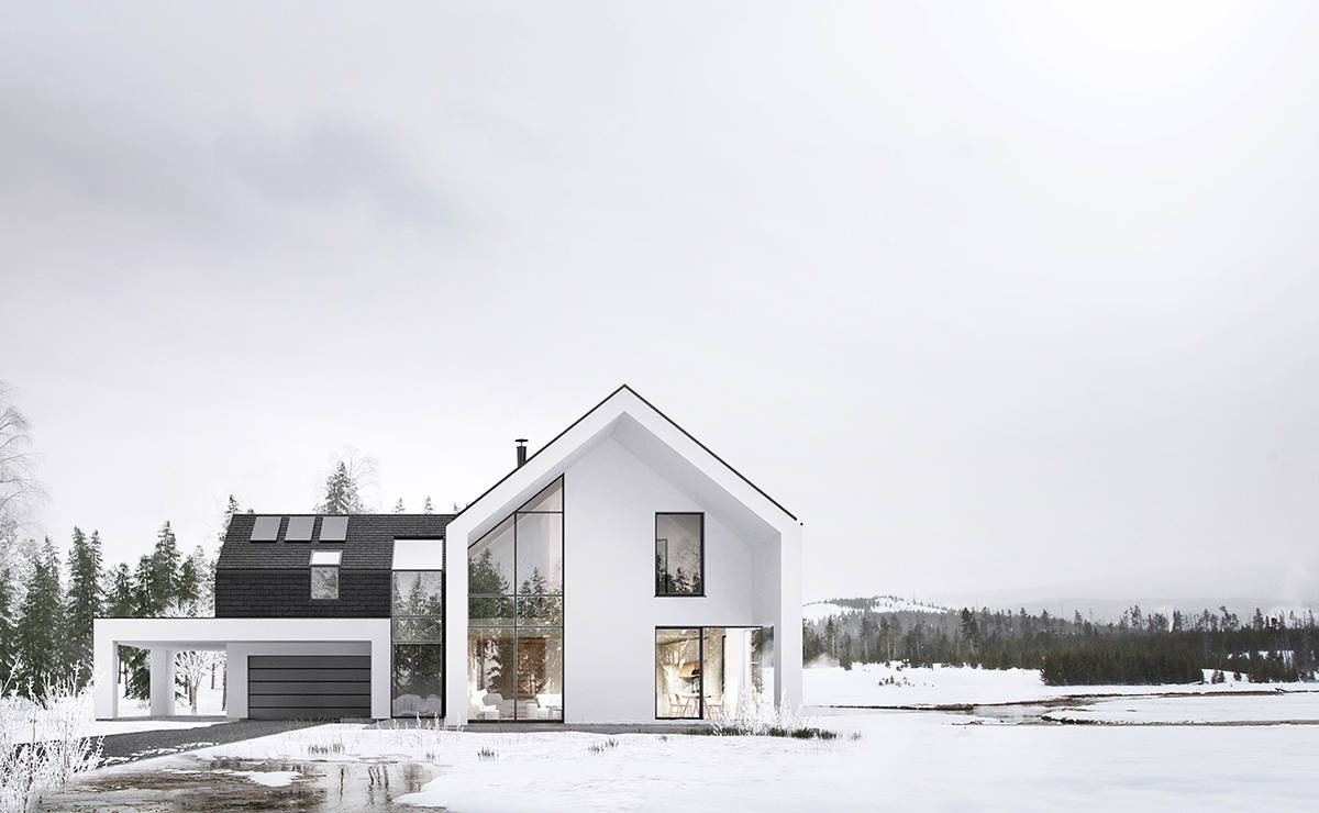 white modern winter house, large glass windows, snowy winter landscape, SD Desktop Wallpaper