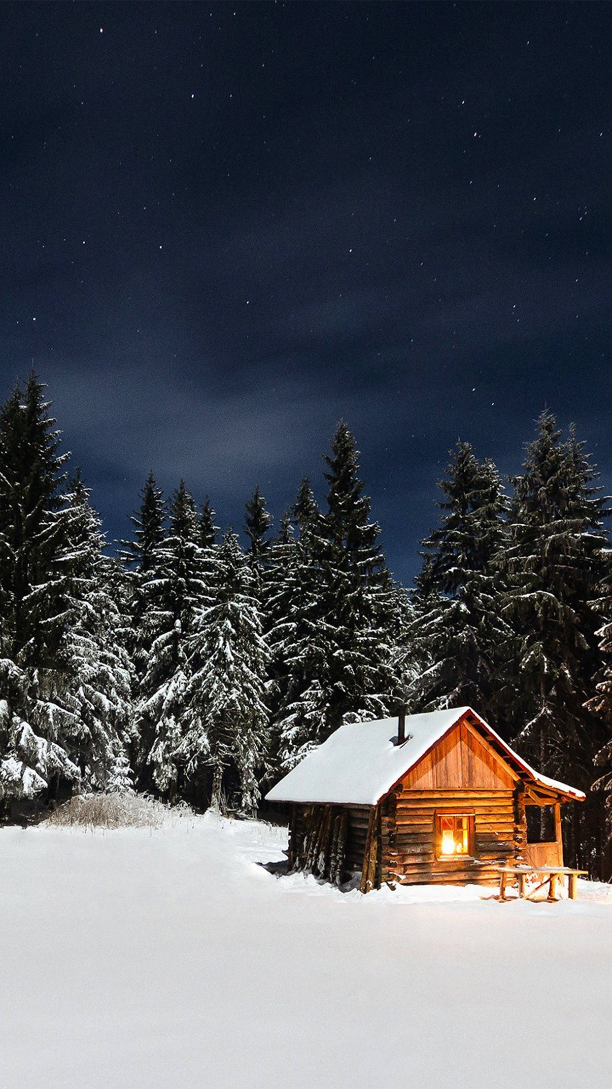 wooden winter house, snowy forest, glowing window, Full HD Phone Wallpaper