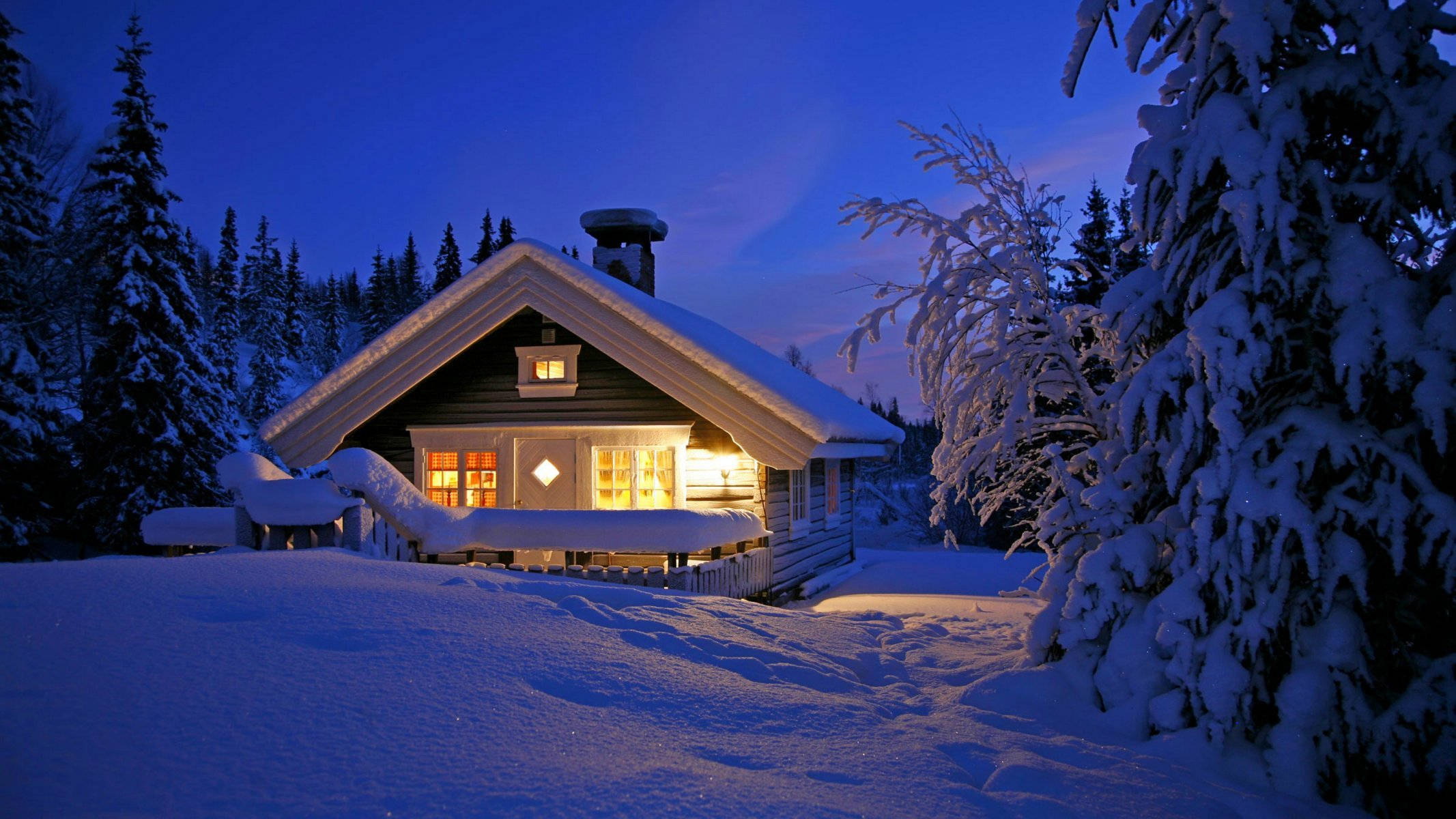 Winter House, lit porch, snow-covered cabin, Full HD Desktop Wallpaper