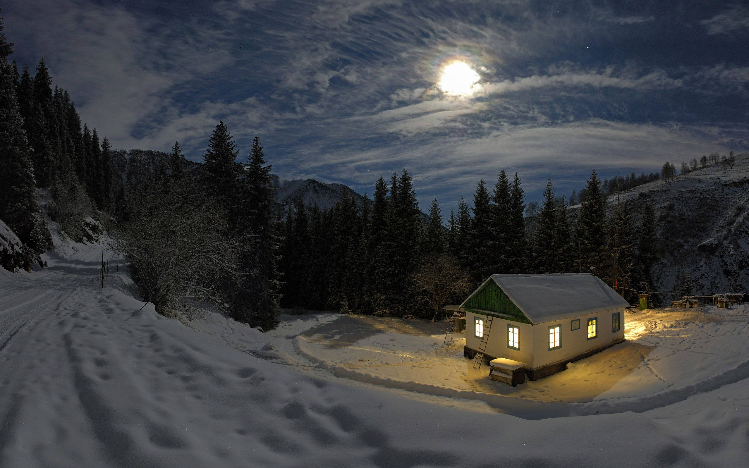 Winter House, moonlit sky, snow-covered cabin, 2K Desktop Wallpaper